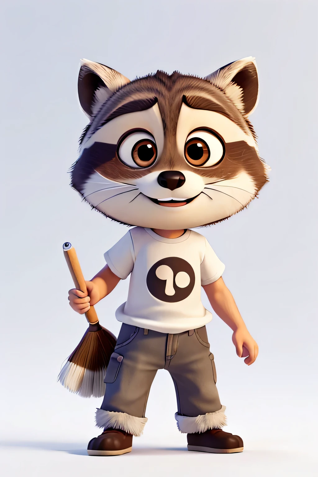 guaxinim, Chibi, Estilo Pixar, segurando um rolo de pintura, vestindo uma camisa branca, Holding a brush with the arm raised
, fundo branco, BETTER RESOLUTION,