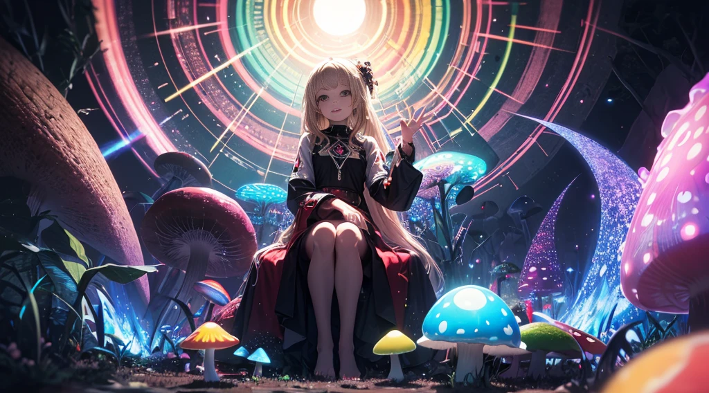 ((Psychedelic)) (soft focus lens) (Best Quality) Woman with Straight blond hair with black roots that is parted down the center, thing dark eyebrows,(dark brown eyes), light soft skin, subtle smile, (trippy) sitting cross leg, surrounded by a ring of Magic mushrooms, (prismatic light rays)(Vibrant colors) swirls of prismatic light flowing around woman, Red with white dot mushrooms in hands, (HDR) 4K, 8K, hallucination, Acid trip, mushroom trip.
