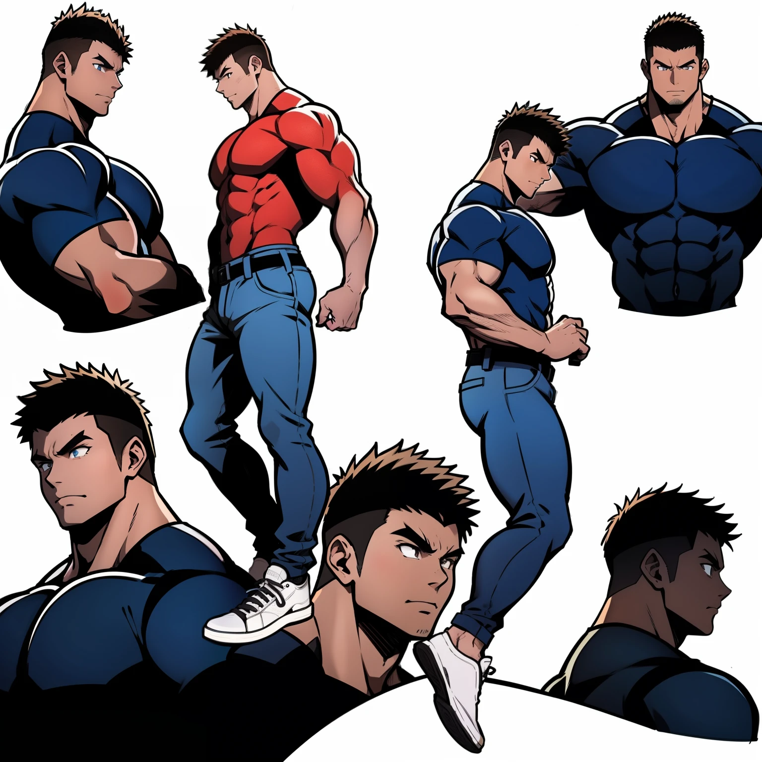 Arte estilo anime, desenho estilo anime, imagem frontal, de corpo inteiro, Personagem masculino musculoso, protagonista, , cabelo curto, cabelo com pontas, cabelo curtinho, personagem musculoso, sem camisa, wearing ripped blue pants, wearing white sneakers. Imagem de corpo inteiro, imagem frontal, personagem protagonista, personagem heroico, postura intimidadora, personagem musculoso, corpo de bodybuilder, imagem frontal, imagem de corpo inteiro, Apenas um persaongem, personagem musculoso!!!