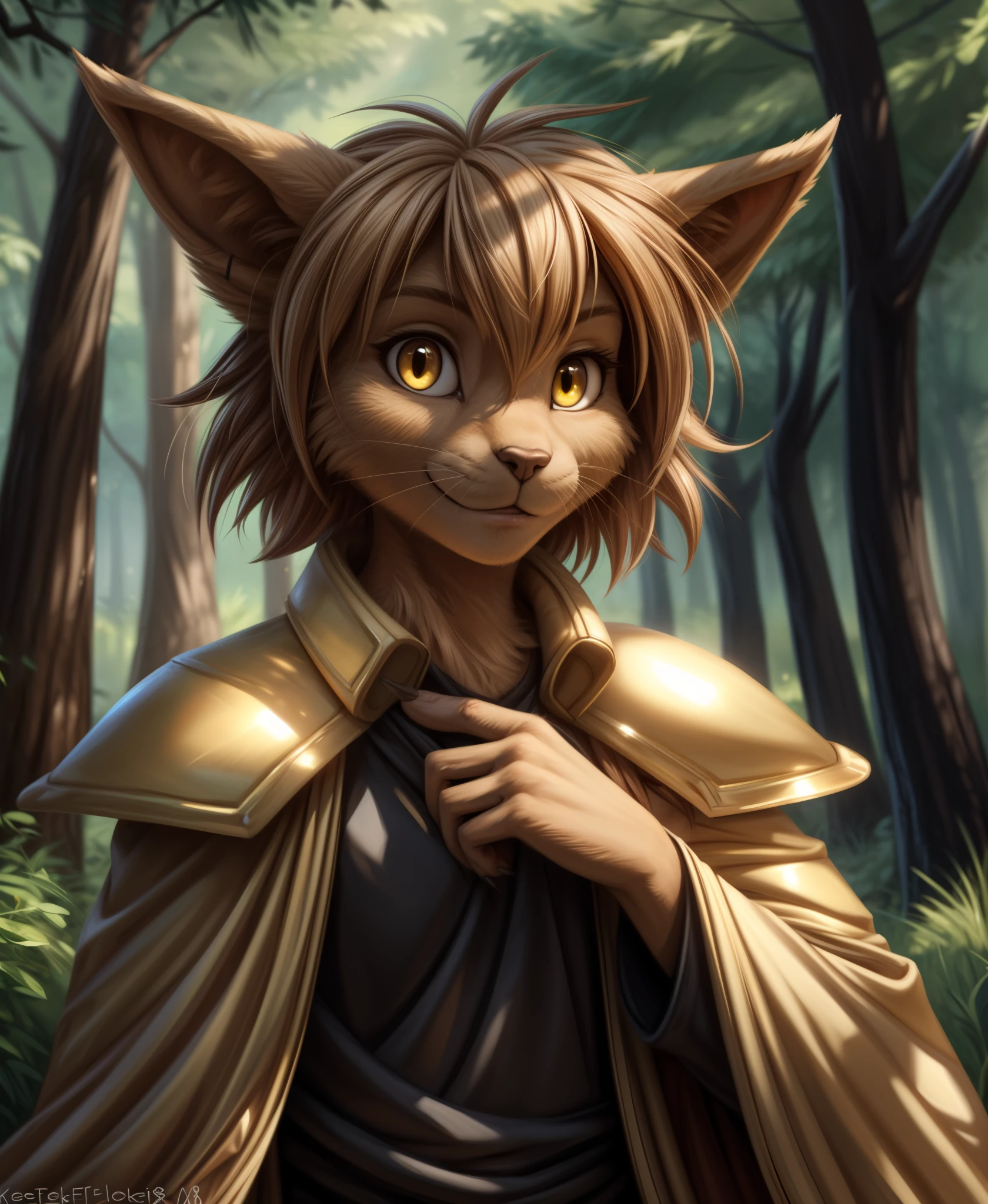 by kenket, by totesfleisch8, (by thebigslick, by silverfox5213:0.8), (by syuro:0.2),,  madelyn-adelaide , Madelyn Adelaide,  twokinds, (best quality, masterpiece:1), solo, furry female anthro, yellow eyes, short hair, light brown hair, portrait, finger claws, looking at viewer, tail, ear raised, medium hair, long ears, (outdoors dark forest trees blurry blurred background:1.1), black shirt, yellow cape,, armor, pauldron, cloak