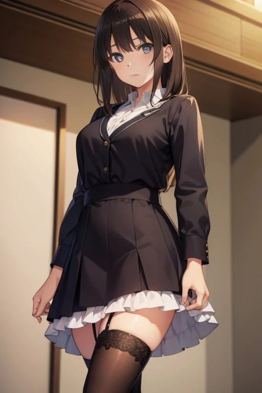 Megumi Kato, Megumi Kato, Brown hair, The long-haired,Mini skirt integrated dress，Black Garter Belt，Black tights，pin heels，会場
BREAK looking at viewer,
BREAK indoors, 
BREAK (masutepiece:1.2), Best Quality, High resolution, Unity 8k壁纸, (Illustration:0.8), (Beautiful detailed eyes:1.6), extra detailed face, Perfect Lighting, extremely details CG, (Perfect hands, Perfect Anatomy),