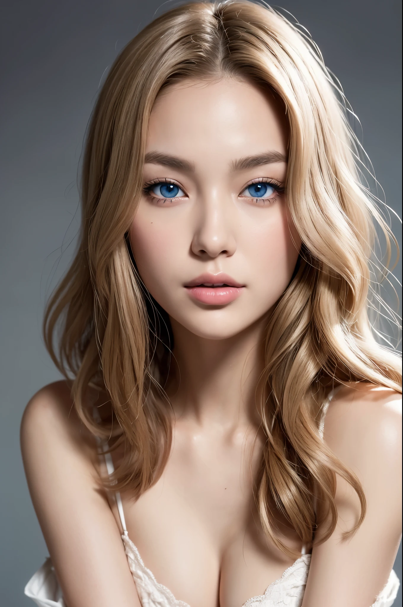 profesional closeup cinematic photo (grey background) of a sexy 19 year old girl with ((glossy, healthy,dense, lightweight, wavy, flowy, windblown messy blond medium length hair )) , (stunning,soulful, pretty Blue eyes), ,sparking joy,confident, happy, closed mouth, beautiful lips,Full body shots of this attractive woman should feature smooth and eye-catching poses, intricate details, highly detailed,vintage fashion, gorgeous, dreamy atmosphere,spotles, professional, highly detailed,fit, soft lighting, detailed skin texture, porcelain skin, (blush: 0.5), (goosebumps: 0.7). (the most beautiful woman in the world) , thin nose, beautiful, perfect face, slender body (slender), (white skin) Beautiful body, (predatory, hunter, expressive eyes), pink lips, thick thighs. full body, ((best quality)), ((ultra resolution)), ((photorealistic: 1.4)), (intricate details),medium size breasts, perfect face, clear face, facial details. front view. she is wearing a full white dress with straps (She should look directly into the camera)