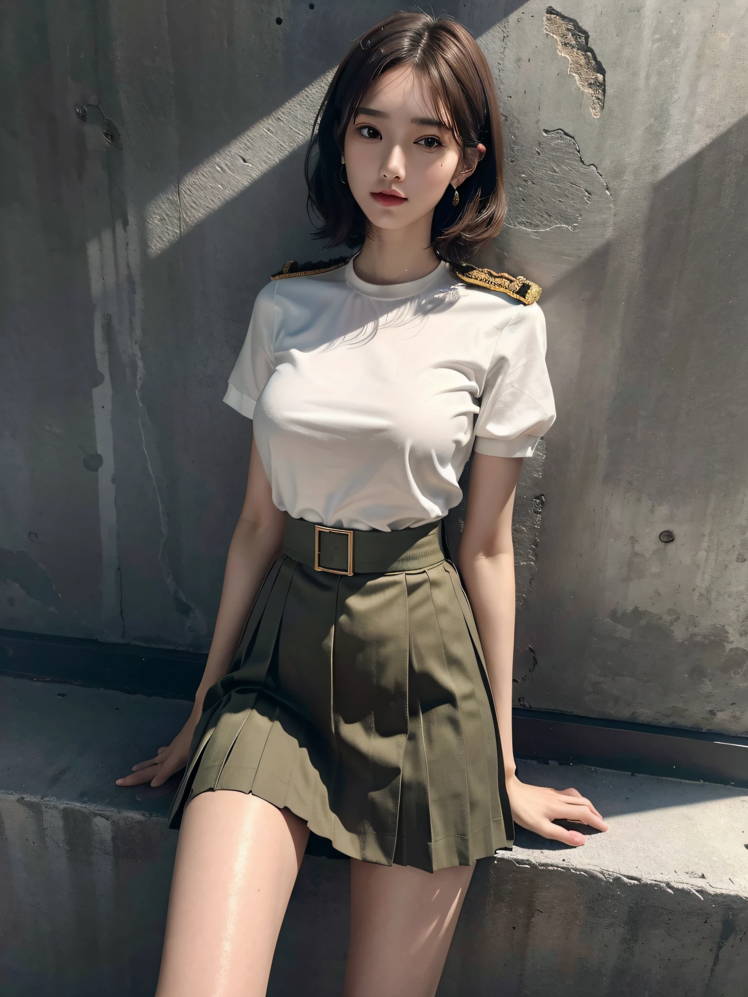 absurderes, Raw photo, Extremely delicate and beautiful, masutepiece, Best Quality, Ultra High Resolution, 16 K, hyper realisitic, Ultra-detailed, Perfect Anatomy, Ultra-detailed細なスキン, Perfect figure, Very detailed CG 8k wallpaper, in her 20s, Very slim body, Narrow waist, Very small head, Very small face, Delicate facial features, tear moles, Earring, thin legs, (very massive round chest), 1 rapariga, (Full body shot), Bare legs, Short hair, Wavy Hair, light brown hair, ((Sweat)), Pleated skirt, (((Military uniform))),