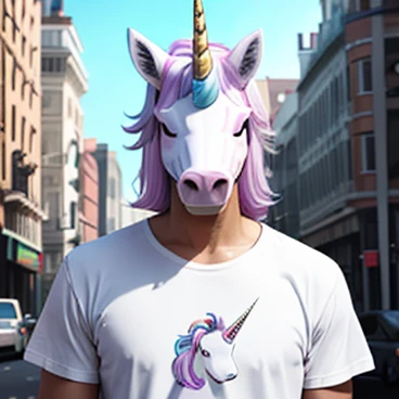 A man wearing a unicorn mask and a white T-shirt with a unicorn design looks at me