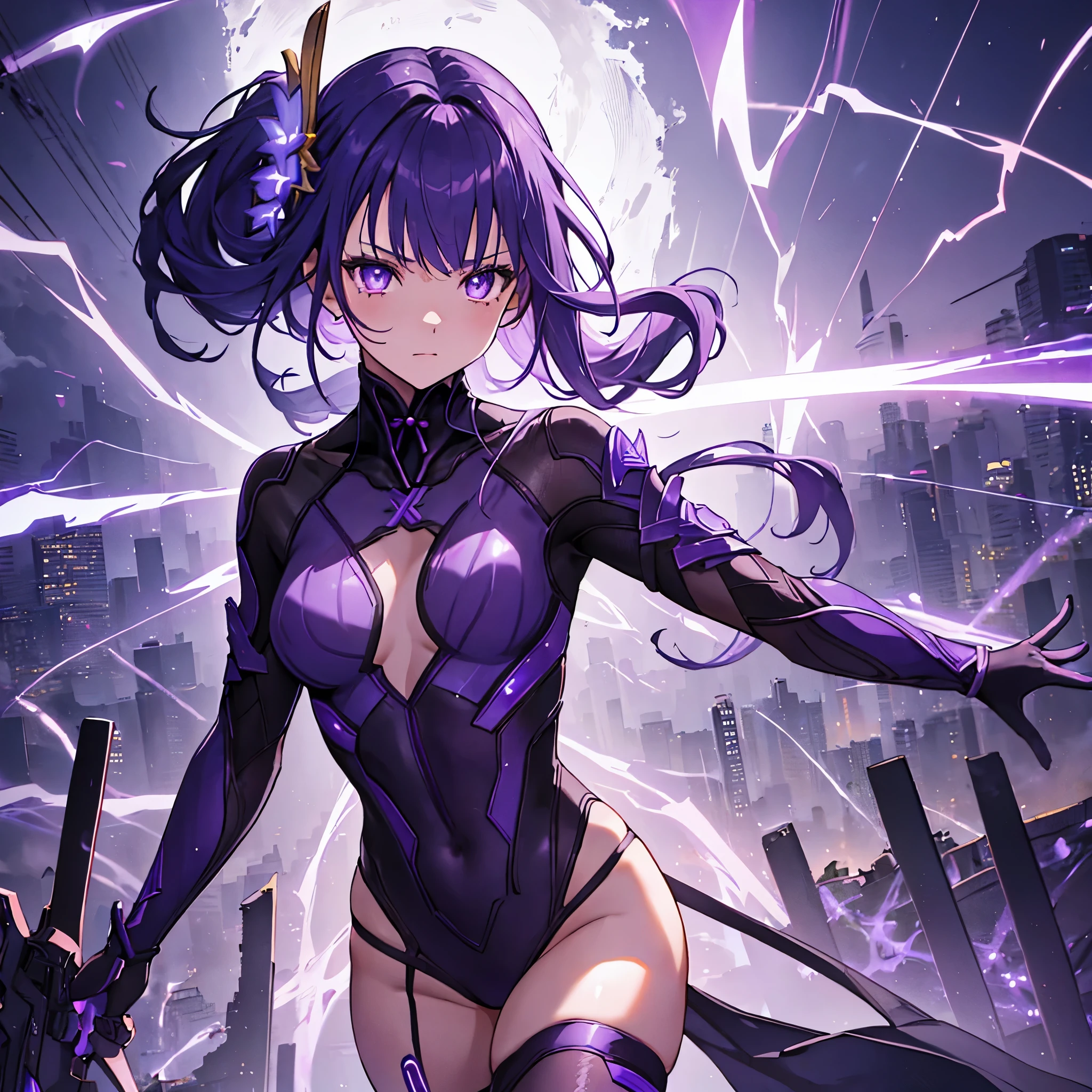 1 girl, solo, Raiden, Raiden_Shogun, bodystocking, beautiful gleaming purple eyes, long purple hair, side ponytail, hairpin accessory, purple lightnings in background, ruins in background