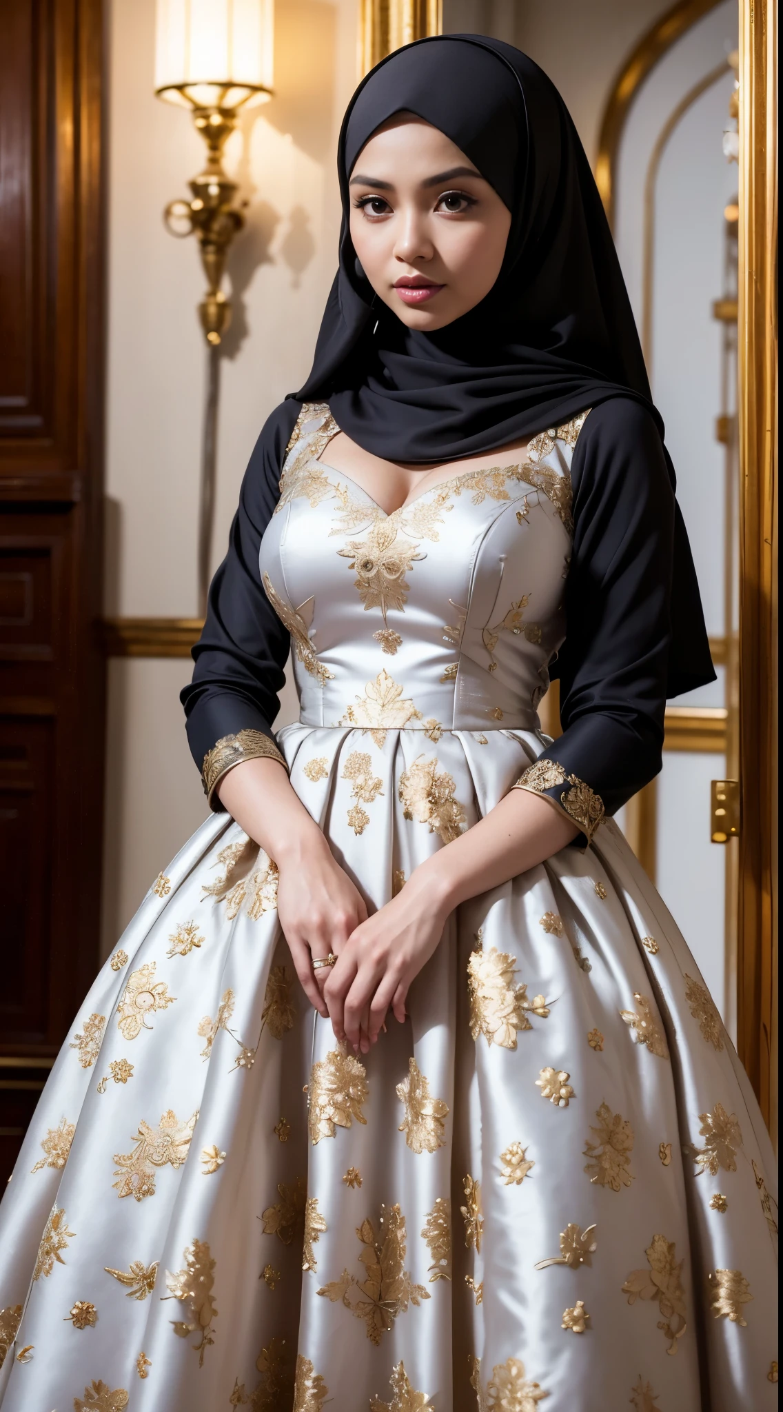 ( Close Up),RAW, Best quality, high resolution, masterpiece: 1.3), beautiful Malay woman in hijab, Masterpiece, perfect body, Big breasts, thick thighs, beautiful big eyes, mole under the eyes, long eyelashes, big eyes, beutifull face, Soft smile, woman wearing a black and brown floral dress, modest flowing gown, full covered dress, royal gown, muslim dress, frock, beautiful silky dress, wearing a long flowery dress, sophisticated dress, royal brocade dress, brocade dress, baroque dress, ornate royal gown, flowery dress, very beautiful and elegant, extravagant dress, beautiful soft silky dress , romantic dress , illustrious clothes Soft turtleneck, evening walk, garden park, Great lighting, Bright colors, Clean lines