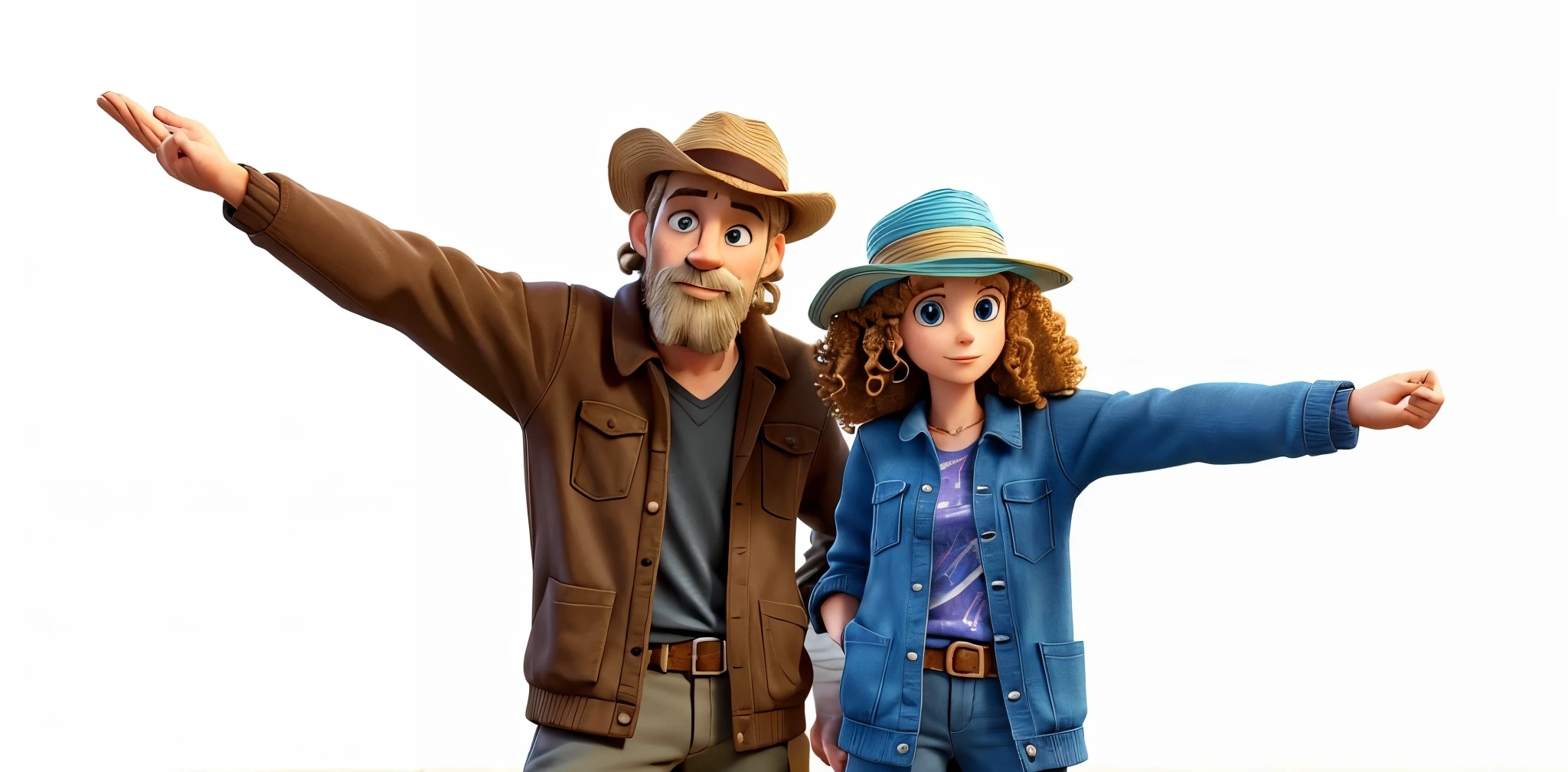 there are ((two)) people standing together looking at the camera, 30-year old, a woman named Liz Legge with ((curly_blonde_hair)), blue_sun_hat, a man named Dave Legge with a salt-and-pepper ((goatee)) and a red_sun_hat, highly detailed, masterpiece, very realistic