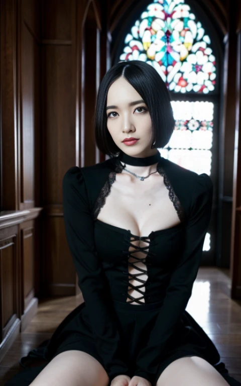 Gothic lolita:1.2、full body Esbian,Ahegao⦅G Cup Breasts⦆,⦅Skin revealing⦆、Chest pulling pose、absolutely outstanding image, very extremely beautiful、masterpiece, top-quality,a picture, kawaii、in 8K、In the church of Gothic architecture、Skirt length that shows underwear、small black underwear and garter stockings、high-level image quality、berry show bob、String pants with a small area、Provocative face、Crouching、Black clothe,Looking at the camera:1.2、toes visible、The head is visible