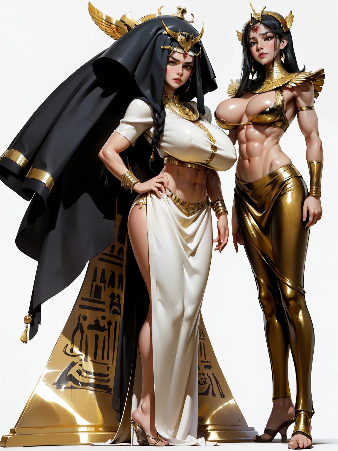 ((side profile)), ((full body view:1.4)), ((masterpiece)),(((best quality))), ((egyptian empress, mature face)), ((middle eastern eyes:1.4)),  (((black hair)), defined cheekbones, high cheekbones, illustration, ((muscular:1.3)), ((gold:1.4)), sexy bimbo, (gigantic breasts:1.7) (slendered abs:1.2), black hair, slender figure, ((detailed face:1.4)) beautiful woman, (egyptian:1.4), ((skindentation)), scribbles and marks,(puffy lips:1.4) ,  (temple: 1.5), rough sketches, pose, 8k,16k, ( background, white background: 1.3), ((ancient aesthetic))