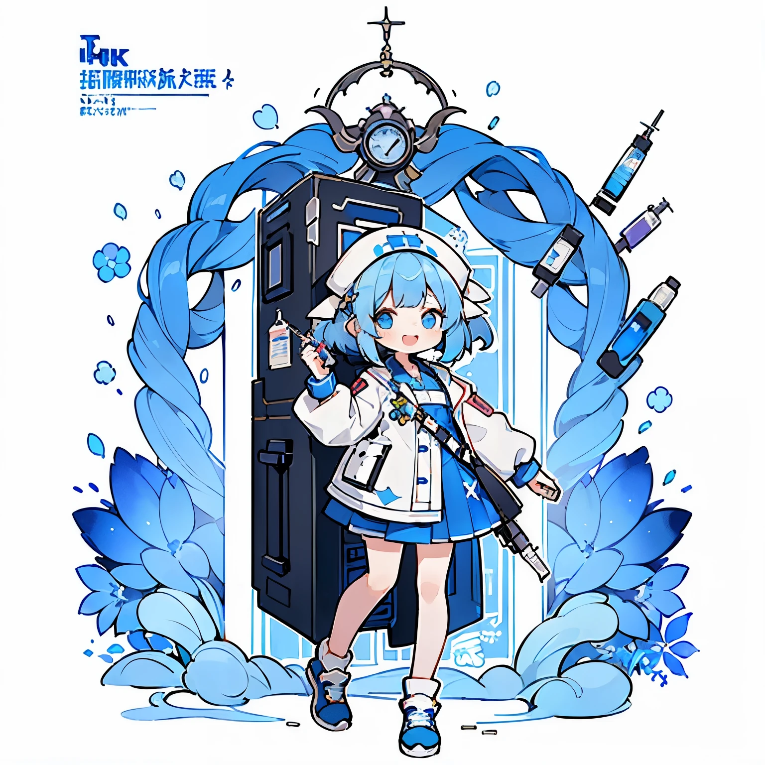 (((A blue-haired girl holds a medicine syringe))),(((Large amount of supplements))),(((独奏))),(Top image quality, in 8K, masterpiece, The ultra-detailliert), Opening Mouth, A smile, full body Esbian,Chibi,(((Background of mass injections)))
