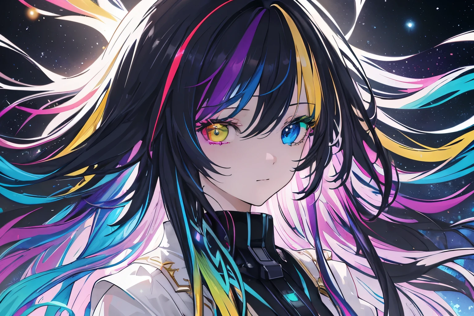 {{masterpiece}}, best quality, extremely detailed CG unity 8k wallpaper, cinematic lighting, lens flare, beautiful detail eyes, black, side glance, multicolor hair, colorful light, particles, heterochromia, (colorful:1.5), (colorful hair:1.5),