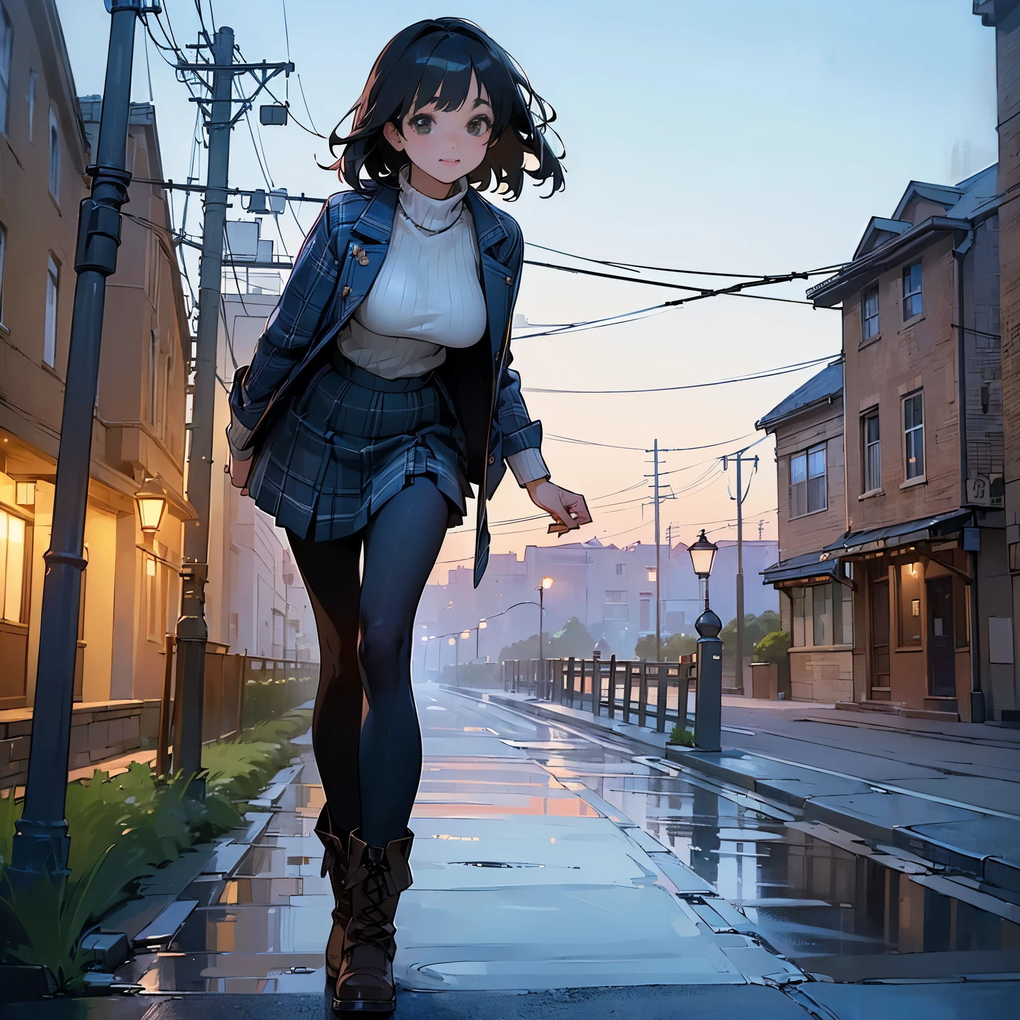 (High quality, High resolution, Ultra-detailed, Realistic:1.37), peaceful ambiance, (plein air, Street), Teenage girl standing alone, (My breasts are big.), Beautiful detailed features, Cute smile, (Black bob hair), Ribbed sweater, blue plaid skirt, Black tights, Brown boots.
