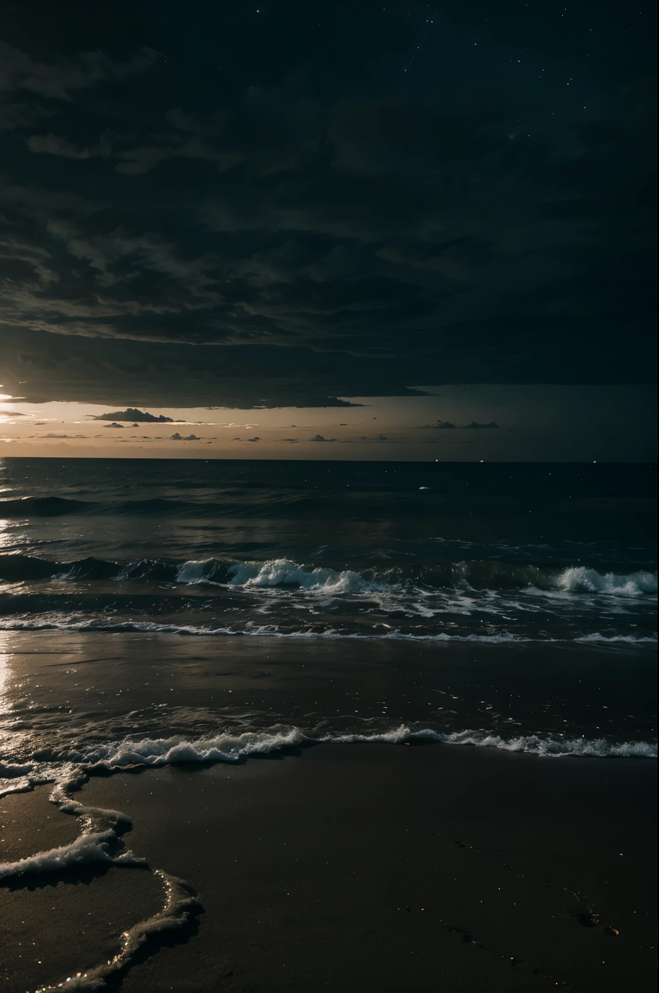 Empty beach at night with a completely cloudy sky