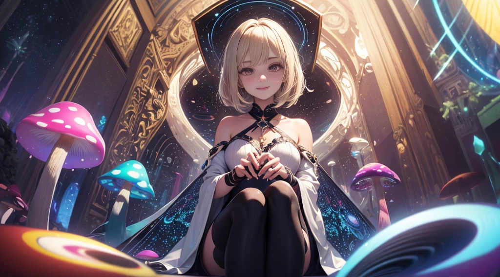 ((Psychedelic)) (soft focus lens) (Best Quality) Mature Woman with Straight blond hair with black roots that is parted down the center, thing dark eyebrows,(dark brown eyes), light soft skin, subtle smile, (trippy) sitting cross leg, surrounded by a ring of Magic mushrooms, (prismatic light rays)(Vibrant colors) swirls of prismatic light flowing around woman, Red with white dot mushrooms in hands, (HDR) 4K, 8K, hallucination, Acid trip, mushroom trip, (Brocken Specter)