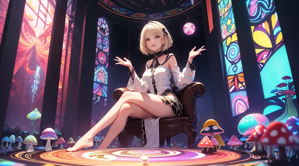 ((Psychedelic)) (soft focus lens) (Best Quality) Mature Woman with Straight blond hair with black roots that is parted down the center, thing dark eyebrows,(dark brown eyes), light soft skin, subtle smile, (trippy) sitting cross leg, surrounded by a ring of Magic mushrooms, (prismatic light rays)(Vibrant colors) swirls of prismatic light flowing around woman, Red with white dot mushrooms in hands, (HDR) 4K, 8K, hallucination, Acid trip, mushroom trip, (Brocken Specter)