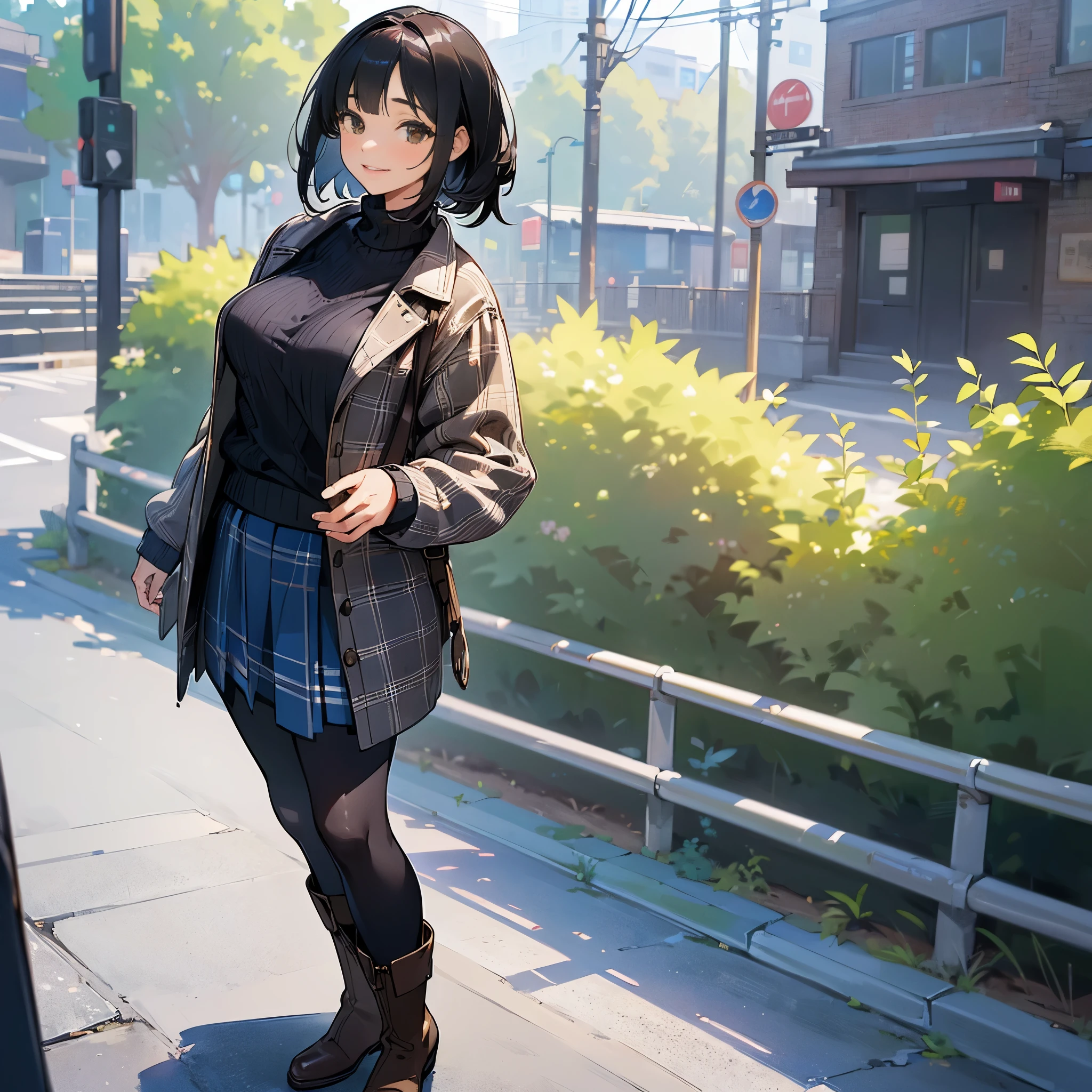 (High quality, High resolution, Ultra-detailed, Realistic:1.37), peaceful ambiance, (plein air, Street), girl standing alone, (My breasts are big.), Beautiful detailed features, Cute smile, (Black bob hair), Ribbed sweater, blue plaid skirt, Black tights, Brown boots.