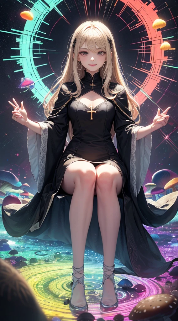 ((Psychedelic)) (soft focus lens) (Best Quality) Mature Woman with Straight blond hair with black roots that is parted down the center, thing dark eyebrows,(dark brown eyes), light soft skin, subtle smile, (trippy) sitting cross leg, surrounded by a ring of Magic mushrooms, (prismatic light rays)(Vibrant colors) swirls of prismatic light flowing around woman, Red with white dot mushrooms in hands, (HDR) 4K, 8K, hallucination, Acid trip, mushroom trip, (Brocken Specter)