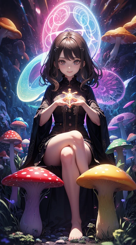 ((Psychedelic)) (soft focus lens) (Best Quality) Mature Woman with Straight blond hair with black roots that is parted down the center, thing dark eyebrows,(dark brown eyes), light soft skin, subtle smile, (trippy) sitting cross leg, surrounded by a ring of Magic mushrooms, (prismatic light rays)(Vibrant colors) swirls of prismatic light flowing around woman, Red with white dot mushrooms in hands, (HDR) 4K, 8K, hallucination, Acid trip, mushroom trip, (Brocken Specter)