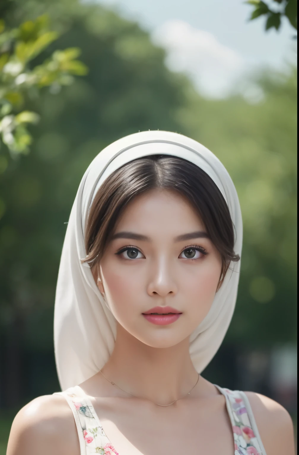 (Close-up of the painting style,Ultra HD 8K,Masterpiece grade CG wallpaper),Cinematic lighting,cute girly,Delicate and beautiful face,Dreamy pupils,Wearing a small floral short summerdresound waist,hijabi,Bust poem,Sit,Cloudy background,the trees,florals,夏天,Chinese style buildings, cleavage, magical