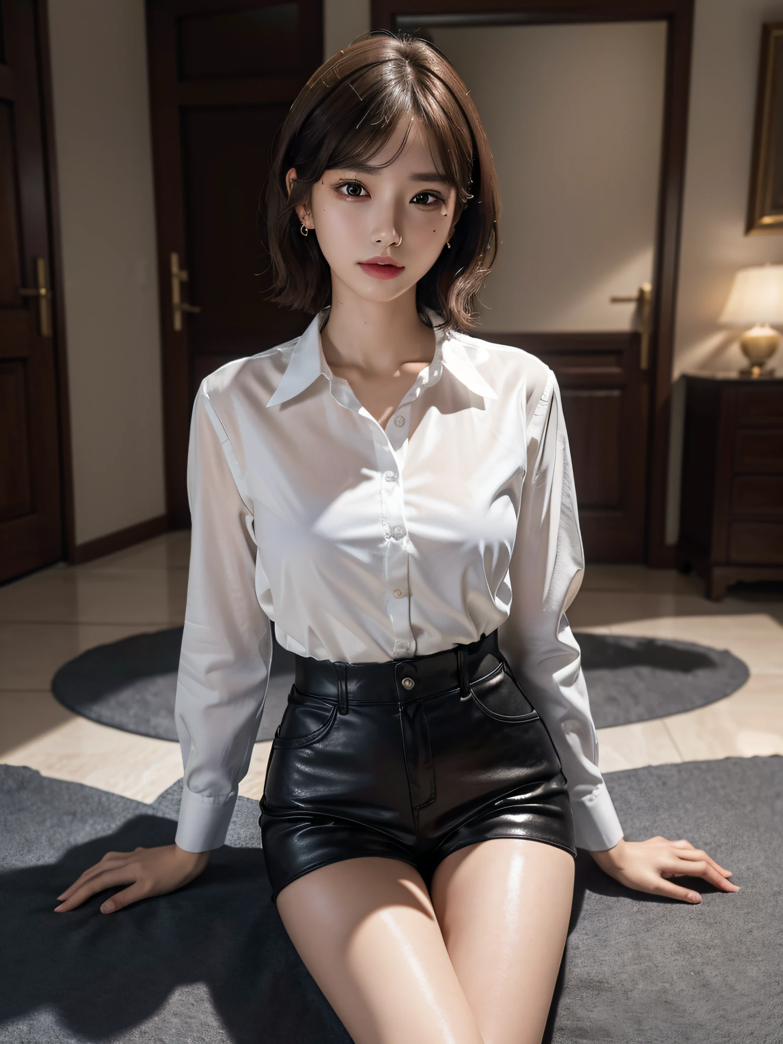 absurderes, Raw photo, Extremely delicate and beautiful, masutepiece, Best Quality, Ultra High Resolution, 16 K, hyper realisitic, Ultra-detailed, Perfect Anatomy, Ultra-detailed細なスキン, Perfect figure, Very detailed CG 8k wallpaper, in her 20s, Very slim body, Narrow waist, Very small head, Very small face, Very detailed face, Very detailed eyes, tear moles, Earring, thin legs, (very massive round chest), 1 rapariga, (Full body shot), Bare legs, Short hair, Wavy Hair, light brown hair, (Wet), collared dress shirt, Leather shorts,