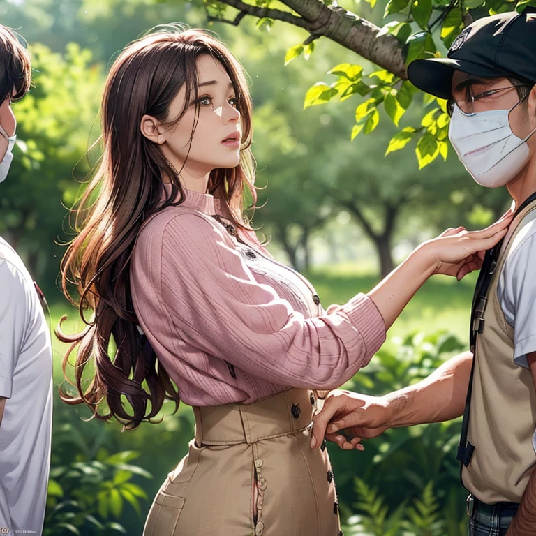 Farm Girl，in woods，(Holding on to the tree:1.3)，(Being touched by men:1.5)，(Being stroked by a man's crotch:1.1)，(seen from the side)， （（（tmasterpiece）））， （（best qualtiy））， （（intricately details））， （（ultra-realistic realism））， Ridiculous res， A MILF， Mature woman， ssee-through， highly  detailed， illustratio， 1 milf， （（Large breasts））， (Pink areola)，perfect hand， detailed finger， Beautiful detailed eyes， Wavy curly hair， with brown eye， name badge， vd， （Uniforms of peasant women：1.4）， (Button unfastening)，(The breasts leak all out of the clothes)， neck rings， 耳Nipple Ring， detailedbackground， in woods， perfect  eyes， Seductive eye，Cocked buttocks，Reddened face，(weeping:1.2)，Confused eyes