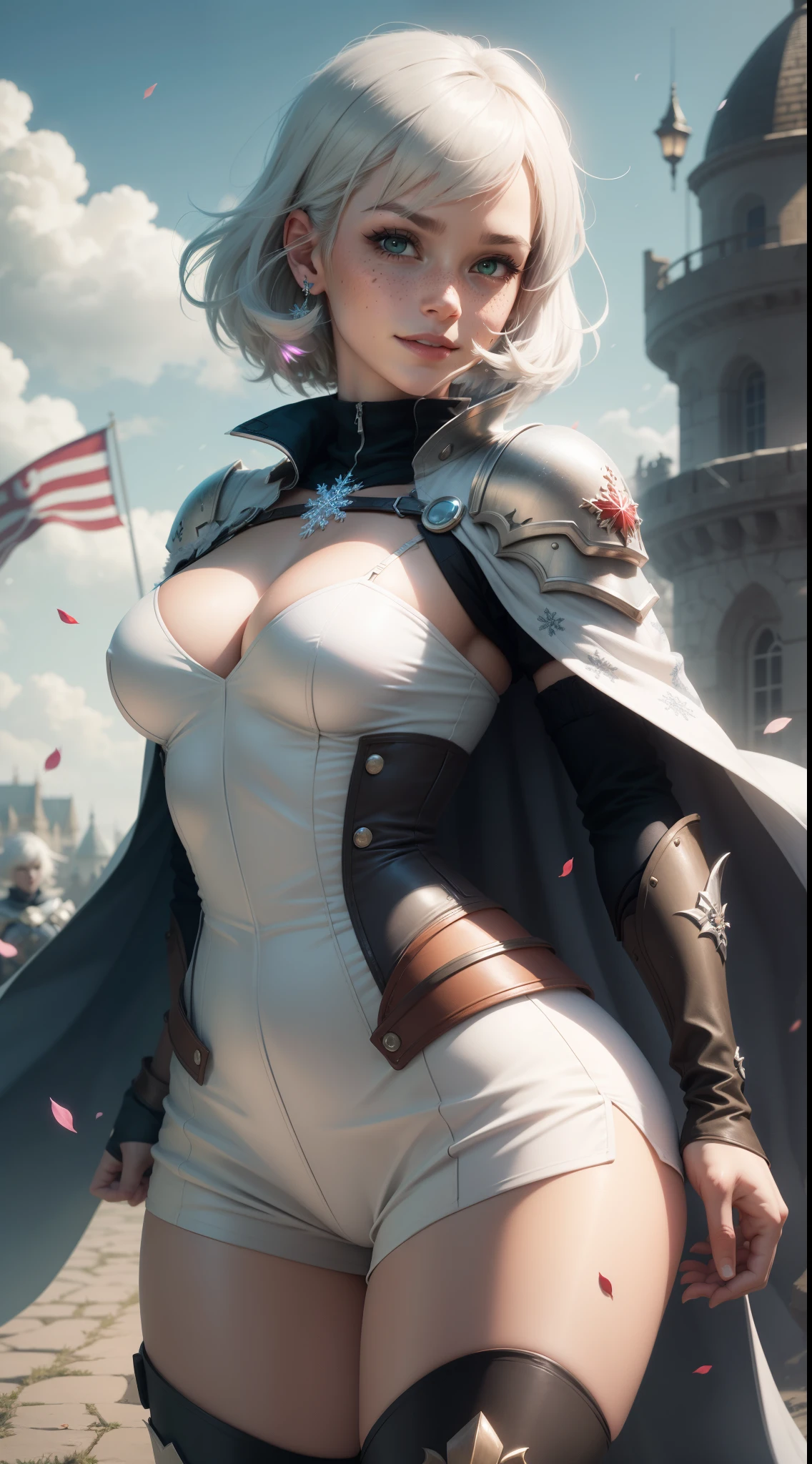 gwen tennyson,1girl,tracer,yorha 2b,y'shtola rhul,rebecca chambers,overwatch,atelier ryza,close up,fantasy castle view,tattoos,gray and white plugsuit,white short sleeve knight top,snowflake embroidery knight armor,black lycra micro shorts,snowflake embroidery corset, short hair,princess makeup,green eyes,short multicolored silver hair,long dress train,fierce smile,freckles,beautiful girl,knight thigh high boots,large breasts,8k,ultra detailed,realistic,fantasy art,royal knight uniform,snowflake hair pin,ear piercings,snowflake hand and neck jewelry,(weather:windy),long royal gray knight cape,holding a war flag,petals flying,