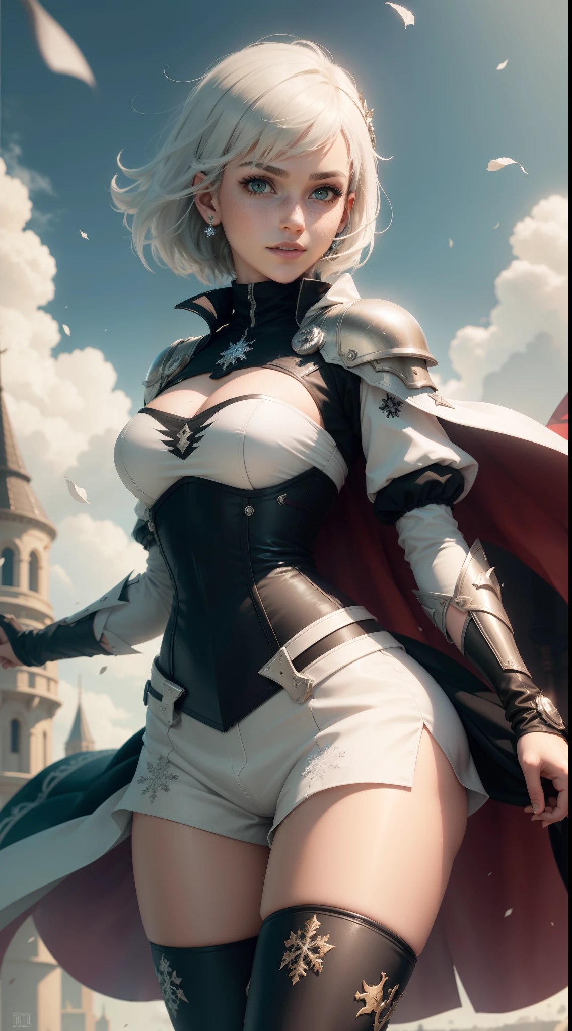 gwen tennyson,1girl,tracer,yorha 2b,y'shtola rhul,rebecca chambers,overwatch,atelier ryza,close up,fantasy castle view,tattoos,gray and white plugsuit,white short sleeve knight top,snowflake embroidery knight armor,black lycra micro shorts,snowflake embroidery corset, short hair,princess makeup,green eyes,short multicolored silver hair,long dress train,fierce smile,freckles,beautiful girl,knight thigh high boots,large breasts,8k,ultra detailed,realistic,fantasy art,royal knight uniform,snowflake hair pin,ear piercings,snowflake hand and neck jewelry,(weather:windy),long royal gray knight cape,holding a war flag,petals flying,