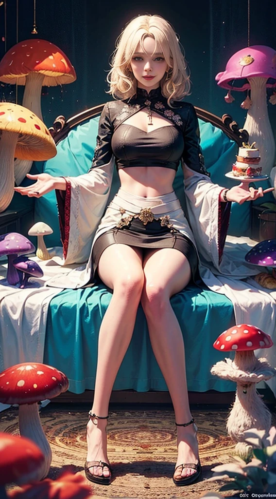 ((Psychedelic)) (soft focus lens) (Best Quality) Mature Woman with Straight blond hair with black roots that is parted down the center, thing dark eyebrows,(dark brown eyes), light soft skin, subtle smile, (trippy) sitting cross leg, surrounded by a ring of Magic mushrooms, (prismatic light rays)(Vibrant colors) swirls of prismatic light flowing around woman, Red with white dot mushrooms in hands, (HDR) 4K, 8K, hallucination, Acid trip, mushroom trip, (Brocken Specter)