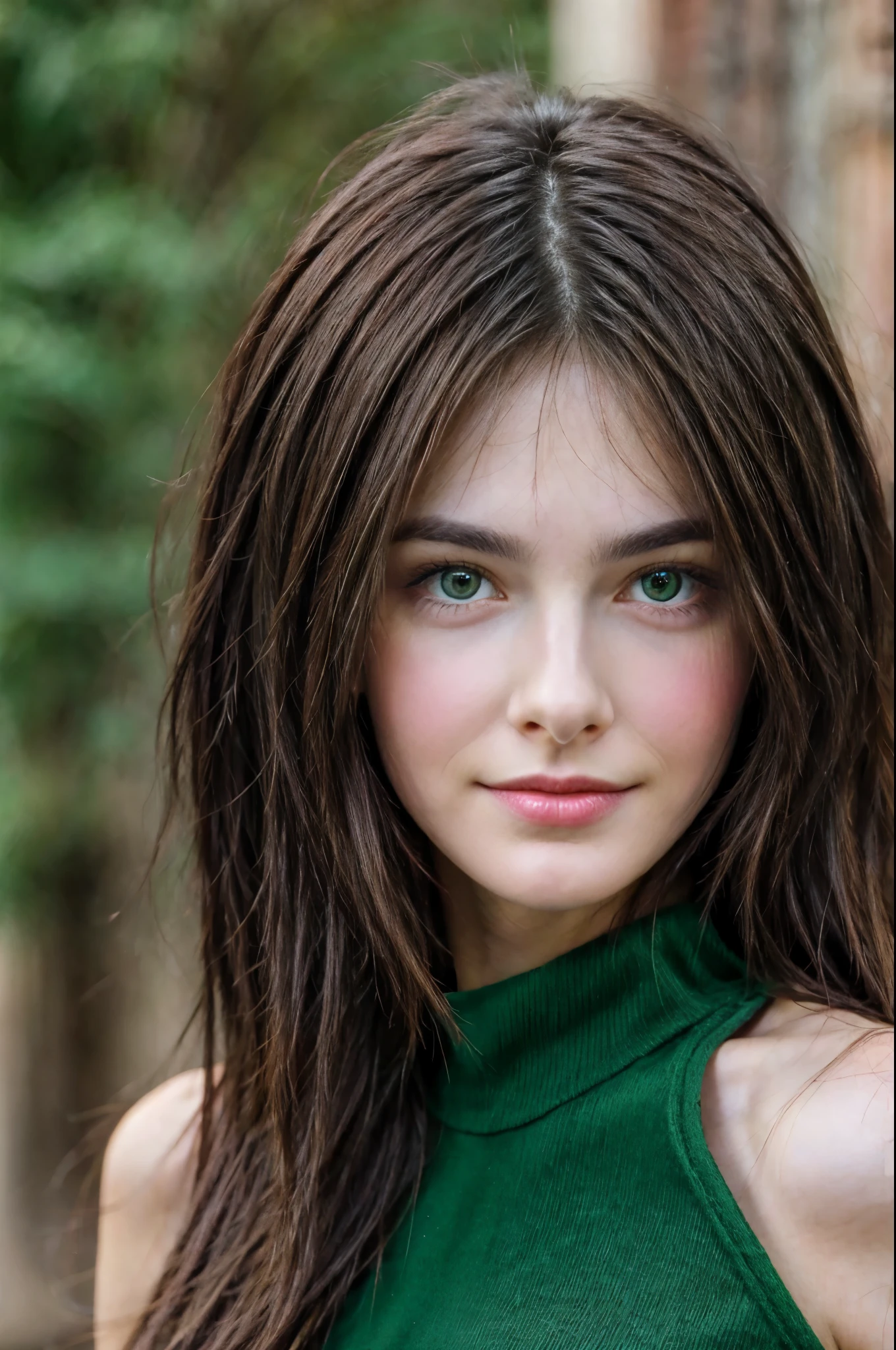 Beautiful brunette, smirk, green eyes, long hair, front face