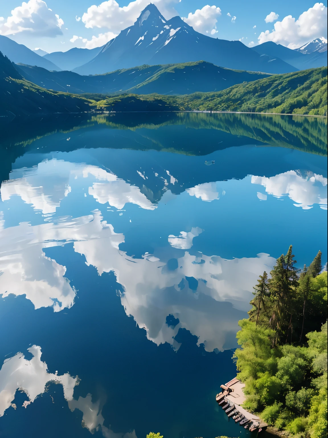 silent lake，Reflecting the blue sky, white clouds and distant mountain shadows。A canoe floats gently in the lake，People on the boat are fishing，Enjoy the tranquil time，ultra-wide-angle，hyper HD，Super movie quality，(color curve，Odds rules)