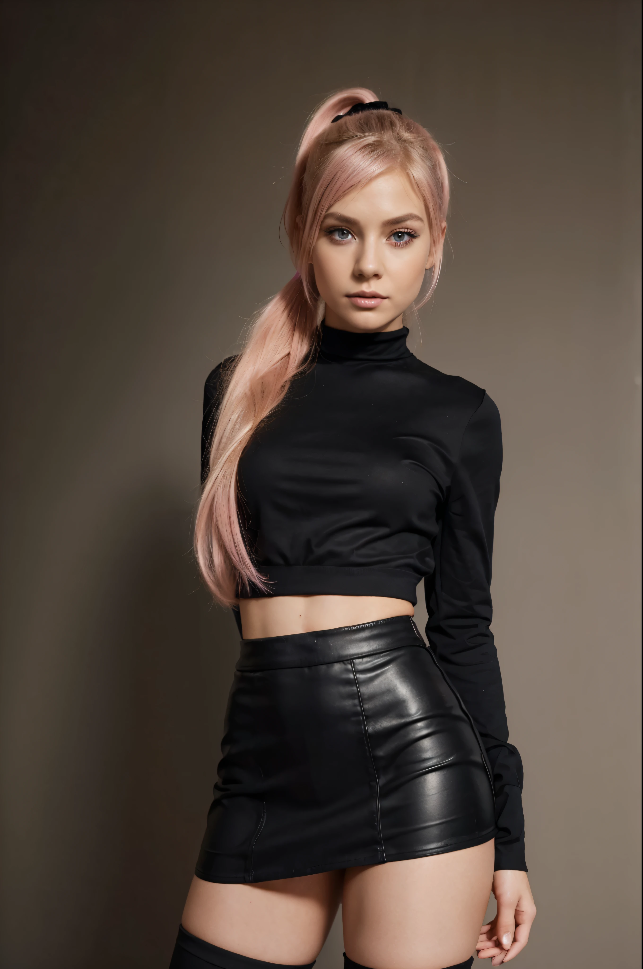 beautiful young blonde girl with amazing body, standing looking very sexy wearing black tight skirt and black shirt fully covered and clothed, highheels, Pink long hair, makeup, with absolutely pink hair, blonde, folded ponytail, close-up, dutch angle, anatomically correct, high details, highres, textured skin, super detail, 16k, best quality, UHD, retina, masterpiece, ccurate, 1080P, HD