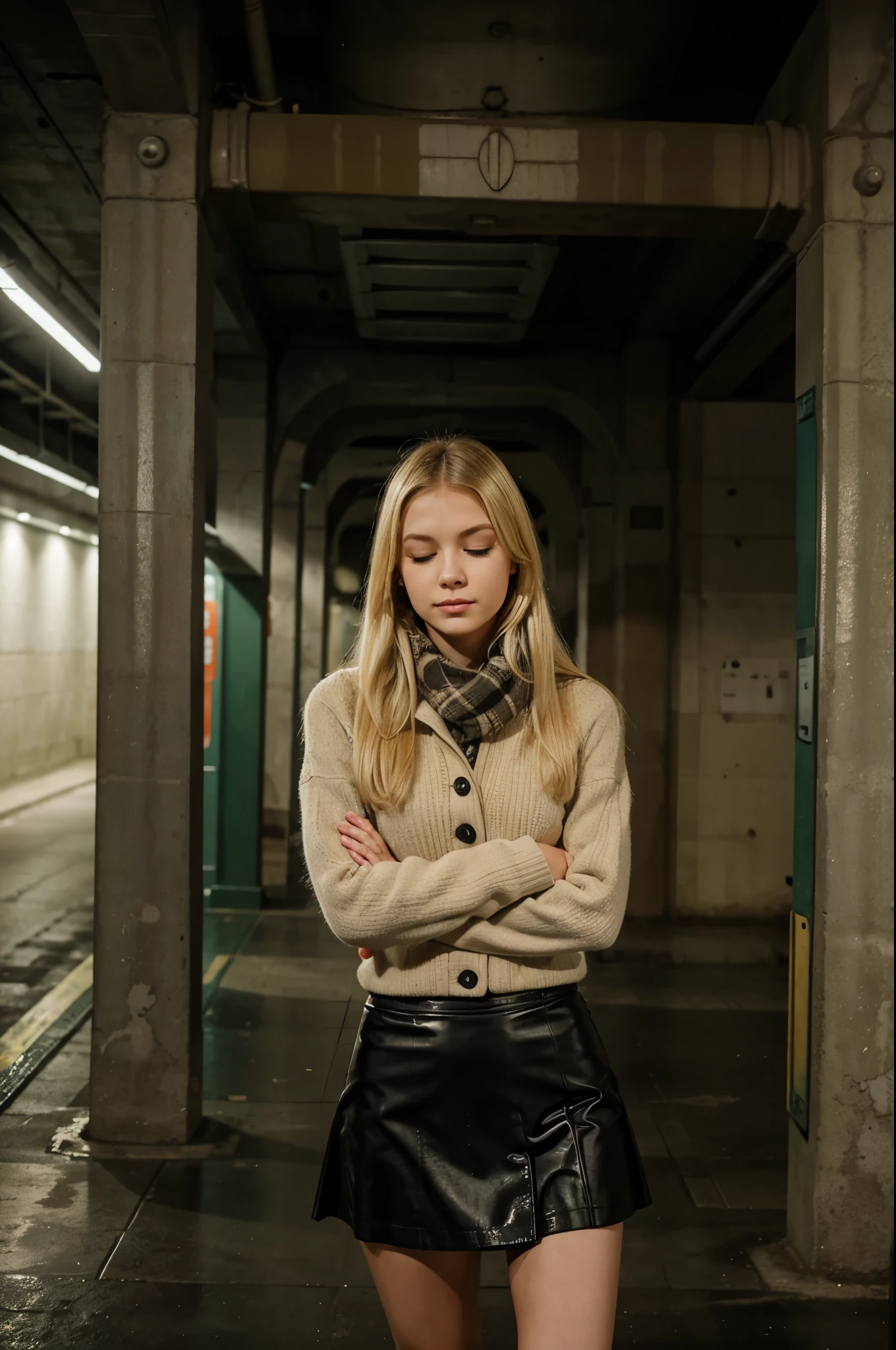 Blonde girl stands in an underground car park in Vienna in a winter outfit, she wears a skirt, she has a cute face, 20 Jahre alt, she has her eyes closed