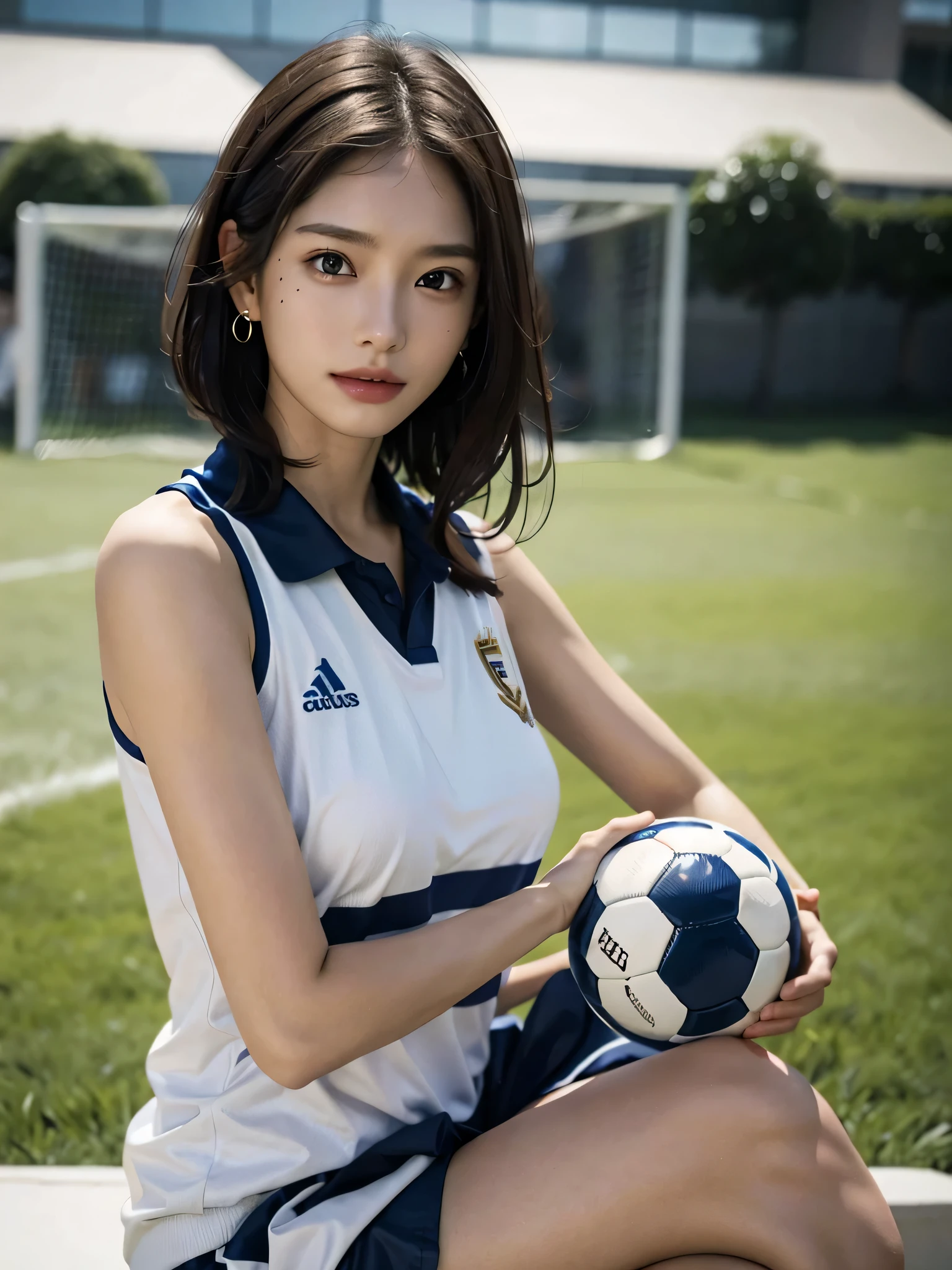 absurderes, Raw photo, Extremely delicate and beautiful, masutepiece, Best Quality, Ultra High Resolution, 16 K, hyper realisitic, Ultra-detailed, Perfect Anatomy, Ultra-detailed細なスキン, Perfect figure, Very detailed CG 8k wallpaper, in her 20s, Very slim body, Narrow waist, Very small head, Very small face, Very detailed face, Very detailed eyes, tear moles, Earring, thin legs, (very massive round chest), 1 rapariga, Full body shot, Bare legs, Short hair, Wavy Hair, light brown hair, ((football uniform)),