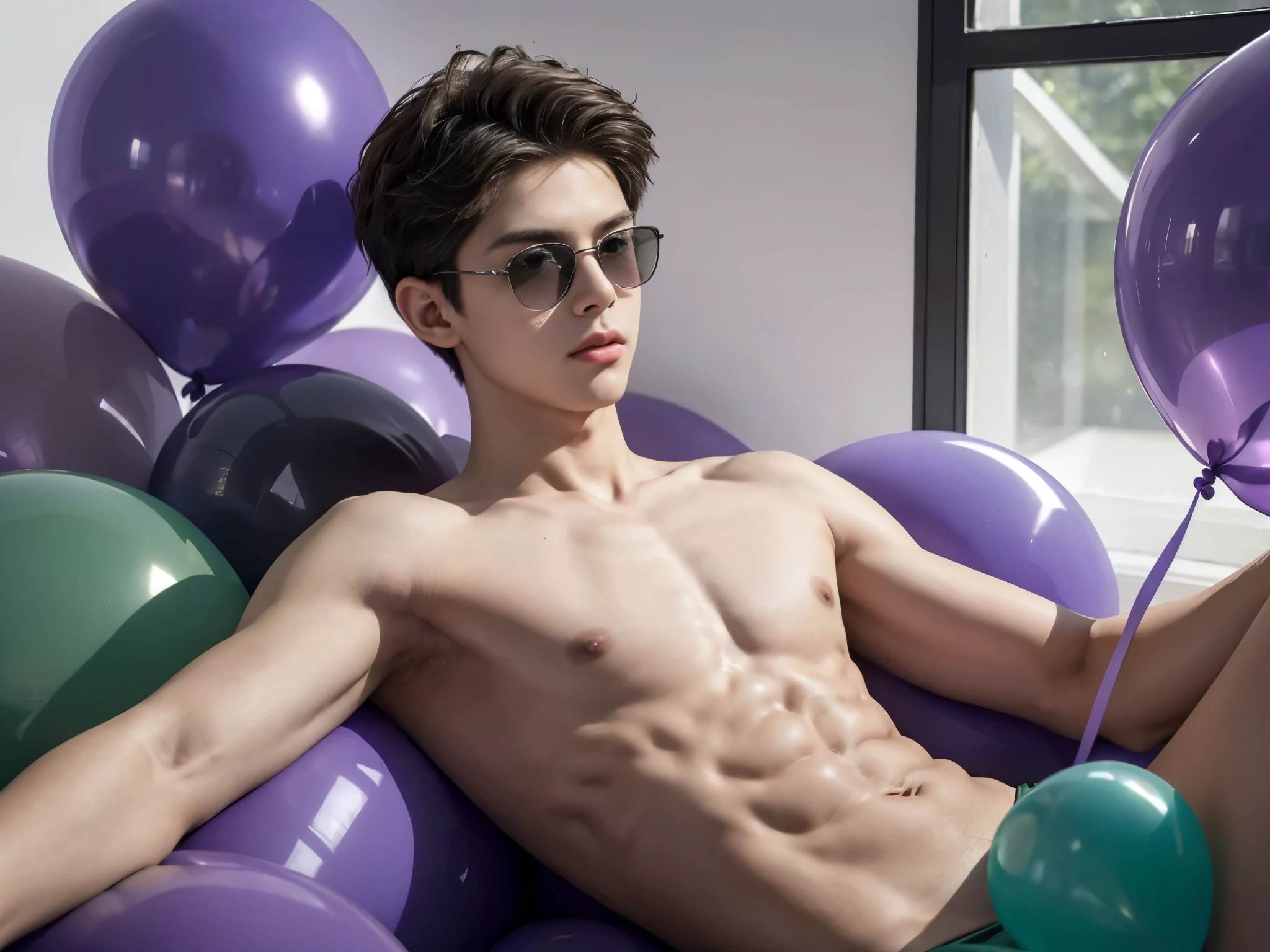 boy, lying on big violet balloons, blowing big green balloons, wearing small violet speedos, shirtless, abs, thin body, slim body, handsome, young boy, youthful, boyish, cute, black military sunglasses, rayban aviators, photography, realistic, big violet balloons, big green balloons, indoor soft lighting