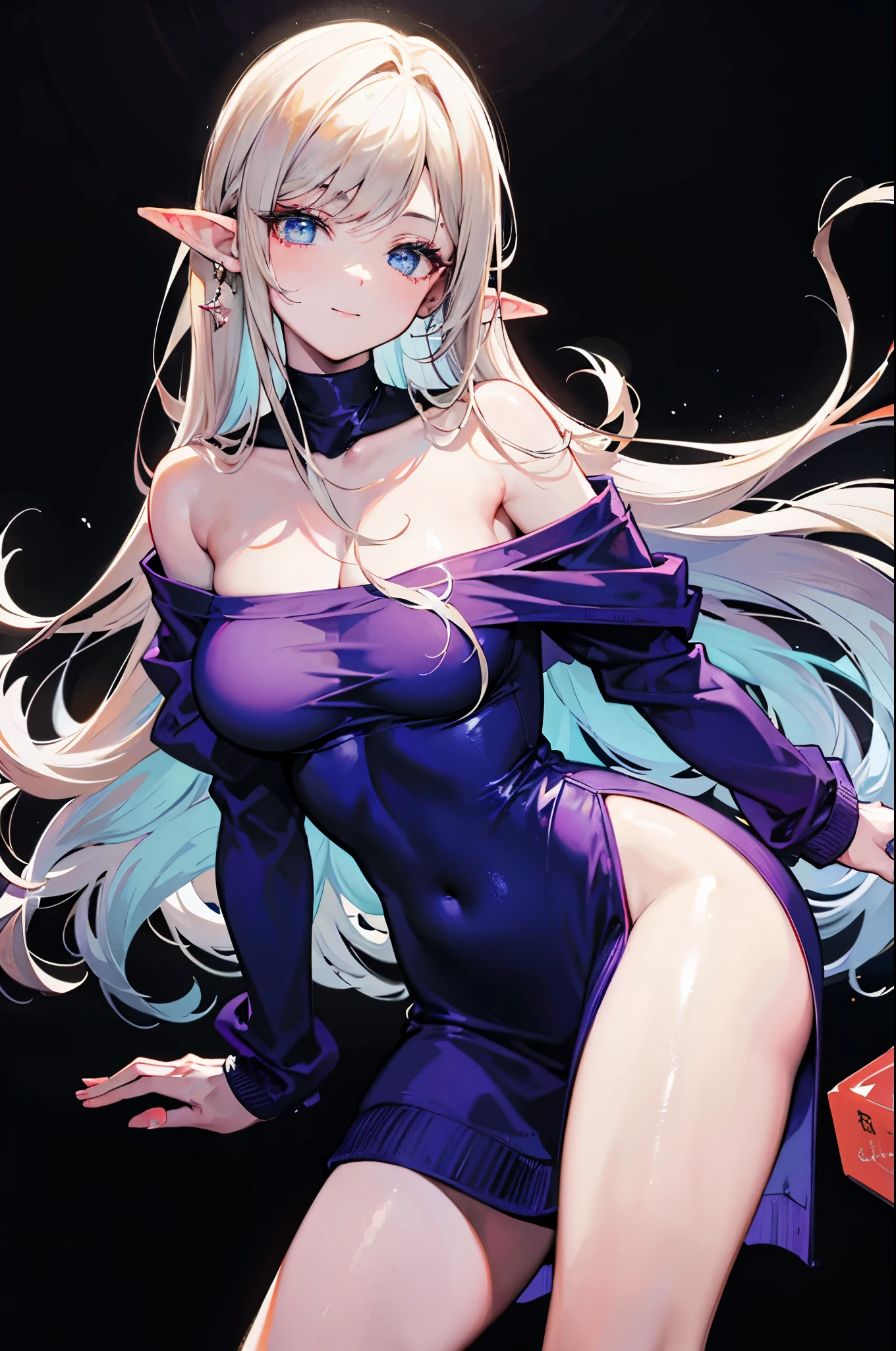 Detail image, realistic image, 1 elf. smiling. She has medium long brown hair which has strands of hair hanging over the right side of her face, large blue eyes and a delicate oval face, small breasts and a slim, curvy figure. She is wearing an off-shoulder sweater, thin thong. sneakers. Full body view. Black background, Uniform background. Ambient light. Volumetric Light