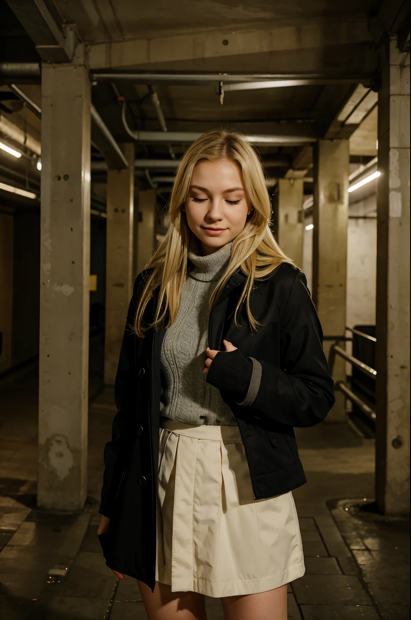 Blonde girl stands in an underground car park in Vienna in a winter outfit, she wears a skirt, she has a cute face, 20 Jahre alt, she has her eyes closed