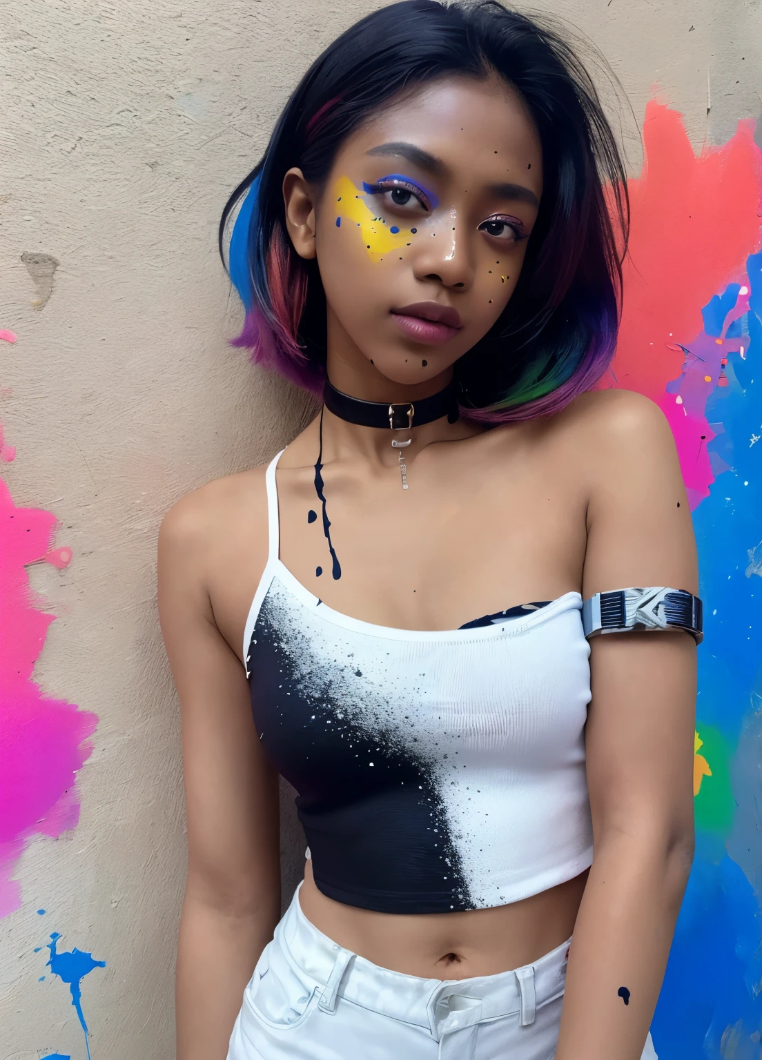 Vibrant girl surrounded by expressive, dynamic graffiti explosion, amidst melting, swirling oil gouache, with bursts of spray paint and acrylic, radiating positive energy and uplifting feelings, amidst a kaleidoscope of high contrast, colorful polychromatic hues, hyper-realistic, ultra detailed, reminiscent of street artists Shantell Martin, Faith47, and Tristan Eaton, evoking a CGSociety aesthetic.