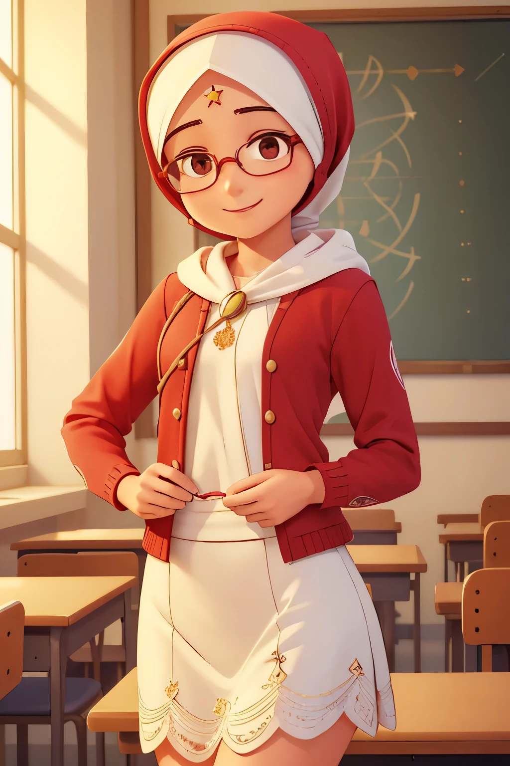 hijabi, (A small chest:1.3),(Masterpiece, Best quality:1.4), (Beautiful, Aesthetic, Perfect, Delicate, Intricate:1.2),((Best quality)), ((Masterpiece)), (Detailed),(A high resolution:1.2), Classroom, An female, Smiling Claudia Chever, Red shirt, White skirt, Glasses, Bend over, angle of view,