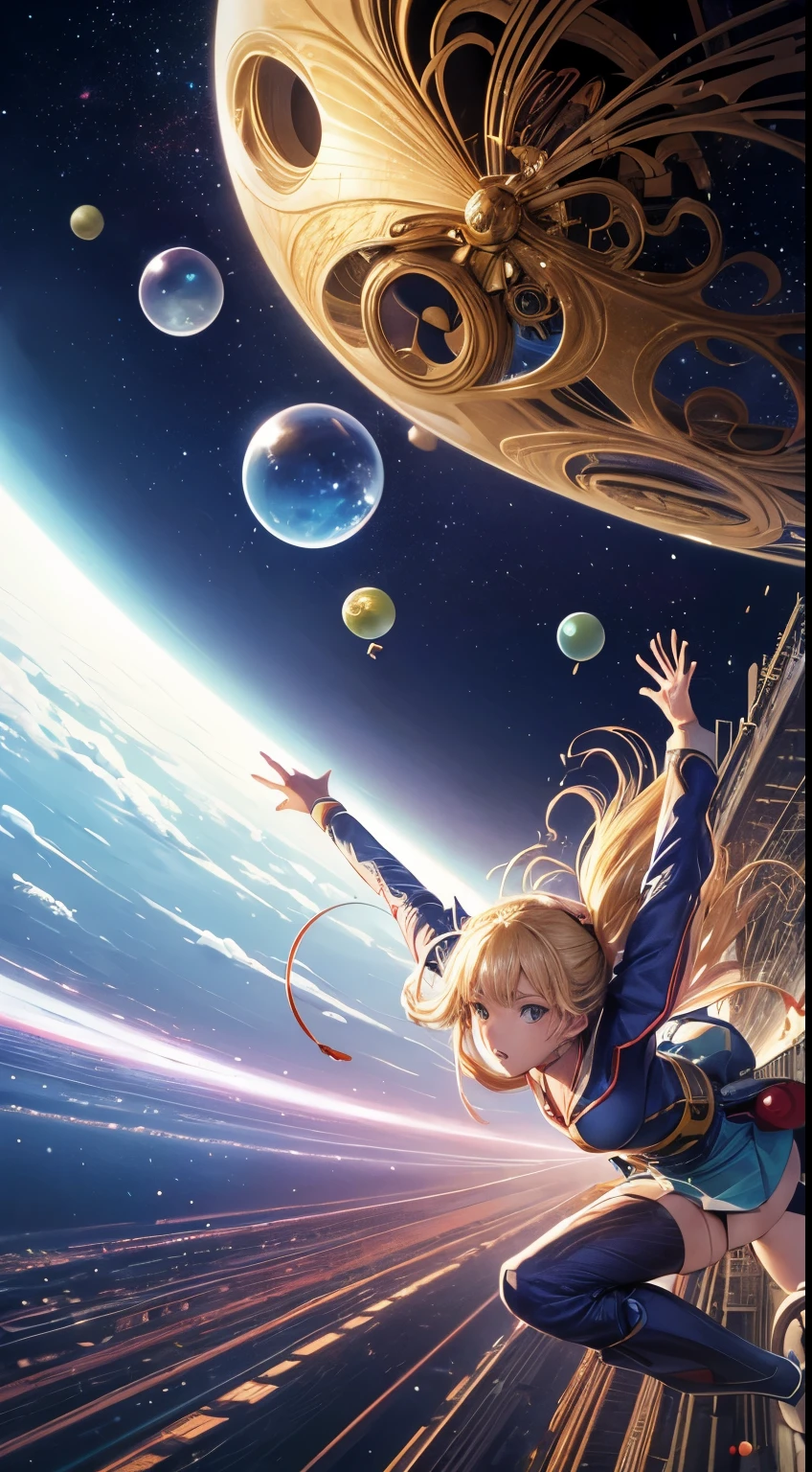 Viviano Codazzi, katsuhiro Otomo, Surreal, mysterious, strange, fantastical, fantasy, Sci-fi, Japanese anime, spherical architecture, cross section, perspective, perspective drawing, moving vanishing point, beautiful blonde miniskirt Alice running as a sphere, top, bottom, left, right, soap bubbles, detailed masterpiece, dynamic poses sexy erotic provocative