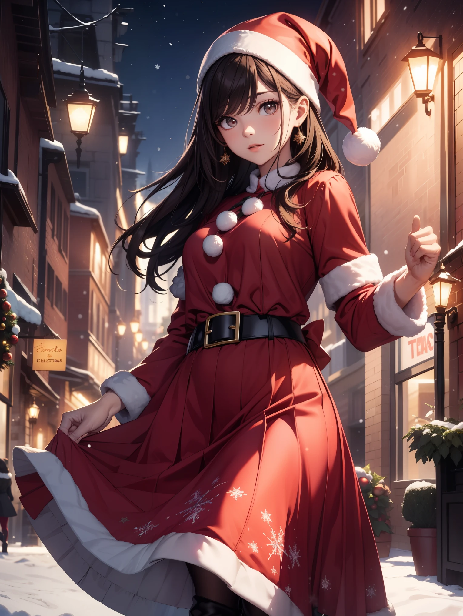 Best Quality, masutepiece, beautiful mature women、Beautiful face、Strong-minded woman、Officelady、(Santa Claus attire、Long skirt in red、Black tights、Black boots、Winter Outfit:1.5)、(brown haired、Bangs are asymmetrical、Undersized eyes、Brown-eyed)、Longhaire、(((Christmas:1.2)))、BREAK(poseing)