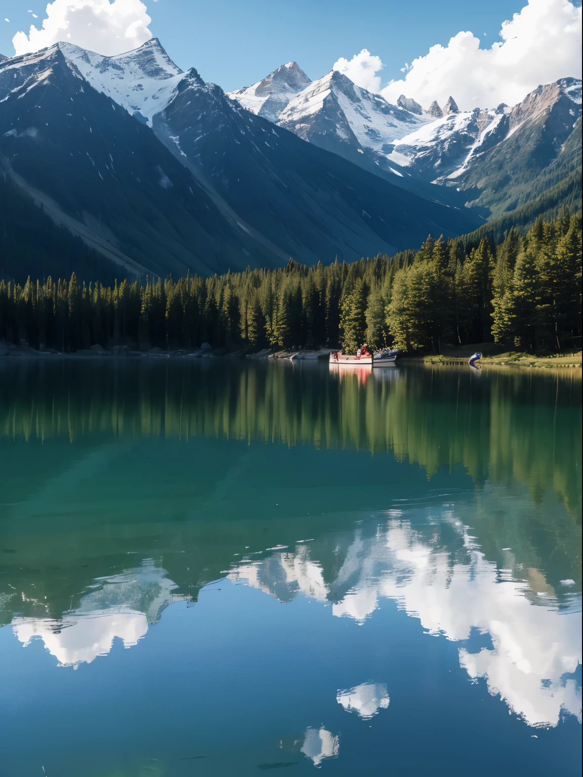 silent lake,Reflecting the blue sky, white clouds and distant mountain shadows。A canoe floats gently in the lake,People on the boat are fishing,Enjoy the tranquil time,ultra-wide-angle,hyper HD,Super movie quality,