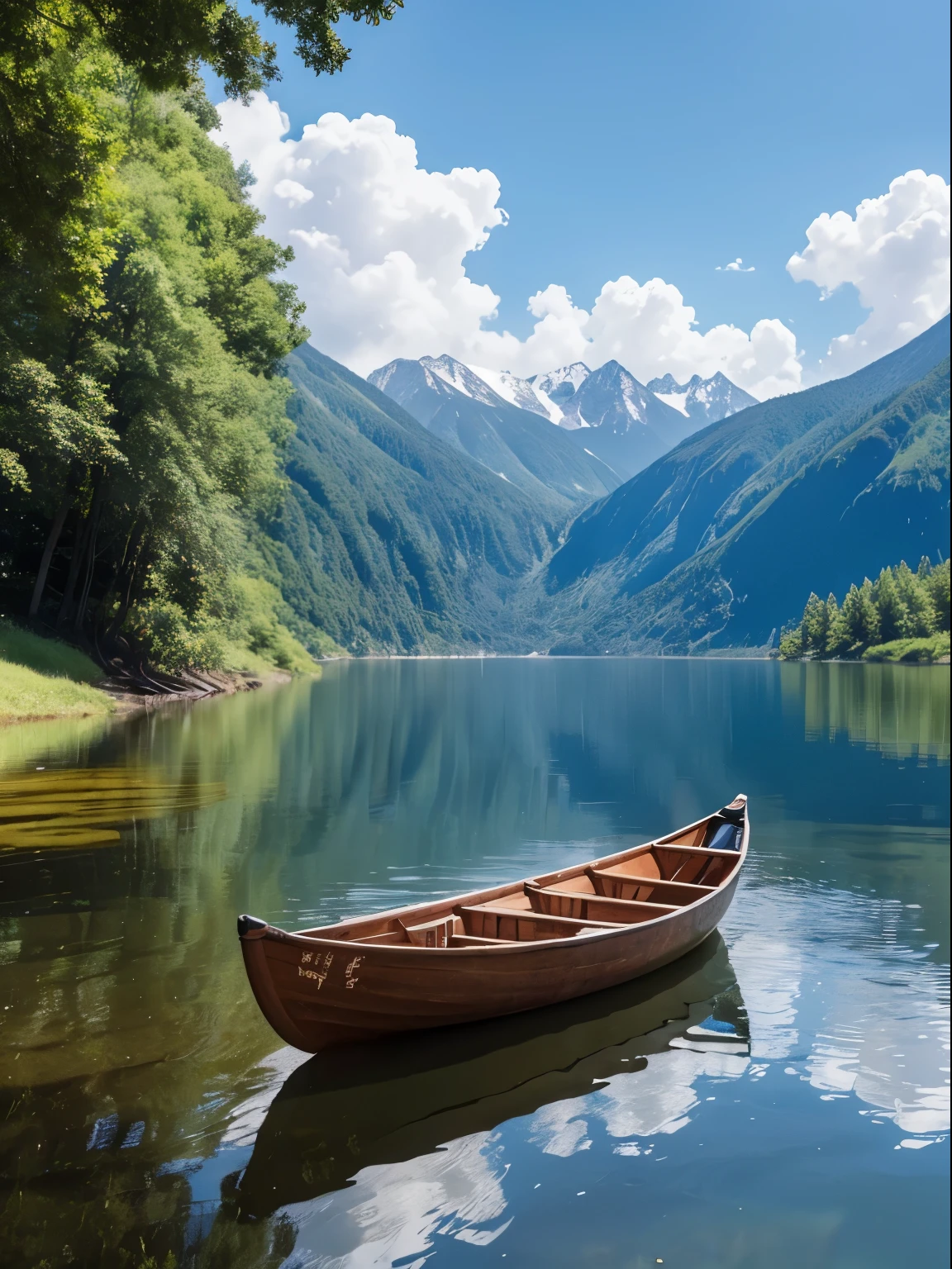 silent lake，Reflecting the blue sky, white clouds and distant mountain shadows。A canoe floats gently in the lake，People on the boat are fishing，Enjoy the tranquil time，ultra-wide-angle，hyper HD，Super movie quality，