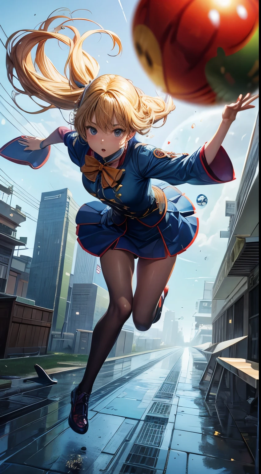 Viviano Codazzi, katsuhiro Otomo, Surreal, mysterious, strange, fantastical, fantasy, Sci-fi, Japanese anime, spherical architecture, cross section, perspective, perspective drawing, moving vanishing point, beautiful blonde miniskirt Alice running as a sphere, top, bottom, left, right, soap bubbles, detailed masterpiece, dynamic poses sexy erotic provocative