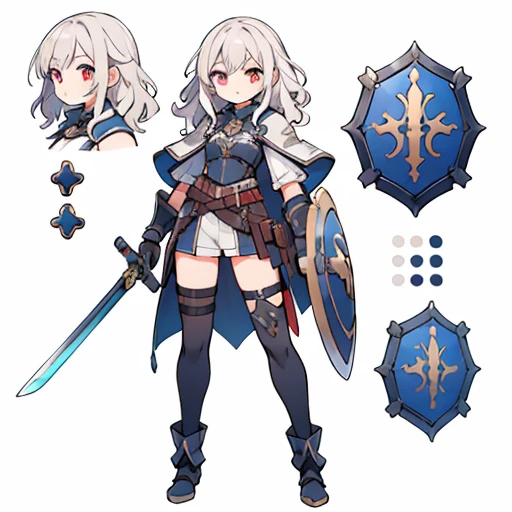 1girl, sword, holding sword, waist armor, ((bare crotch)), gloves, white background, full body, solo, gauntlets, multiple views, white cape, small shield, holding shield, thigh high, wavy hair, reference sheet,