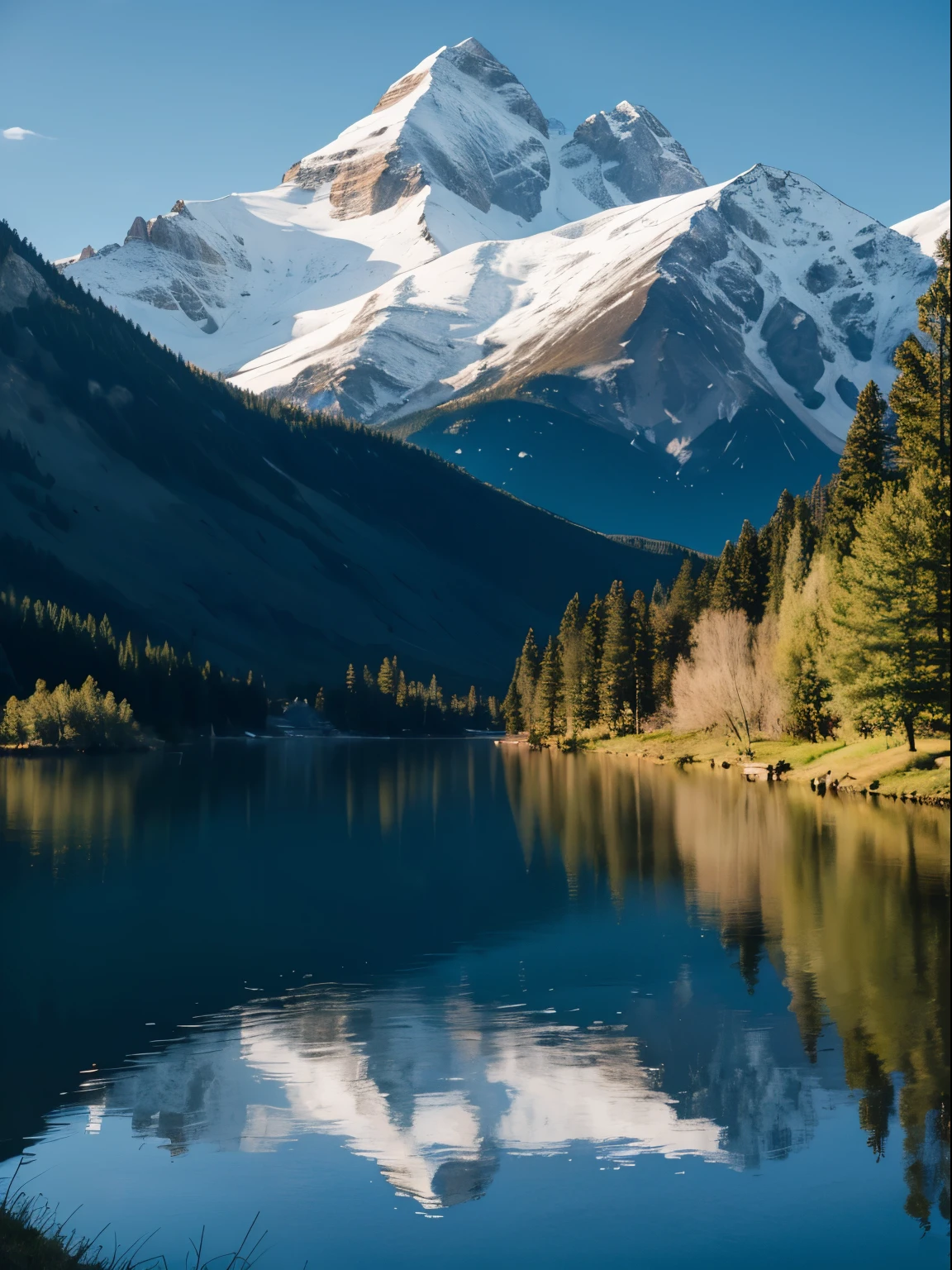 silent lake,Reflecting the blue sky, white clouds and distant mountain shadows。A canoe floats gently in the lake,People on the boat are fishing,Enjoy the tranquil time,ultra-wide-angle,hyper HD,Super movie quality,