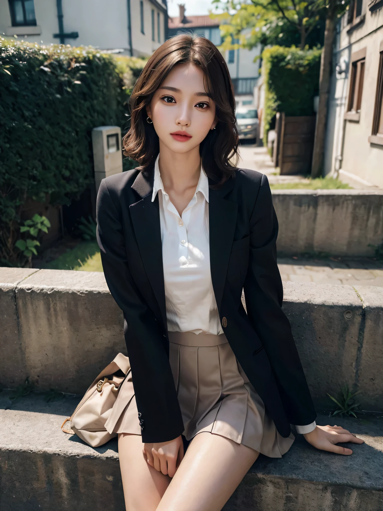 absurderes, Raw photo, Extremely delicate and beautiful, masutepiece, Best Quality, Ultra High Resolution, 16 K, hyper realisitic, Ultra-detailed, ((Perfect Anatomy)), Ultra-detailed細なスキン, Perfect figure, Very detailed CG 8k wallpaper, in her 20s, Very slim body, Narrow waist, Very small head, Very small face, Very detailed face, Very detailed eyes, tear moles, Earring, thin legs, (very massive round chest), 3 girls, (Full body shot), Bare legs, Short hair, Wavy Hair, light brown hair, ((School uniform)), (Blazer),