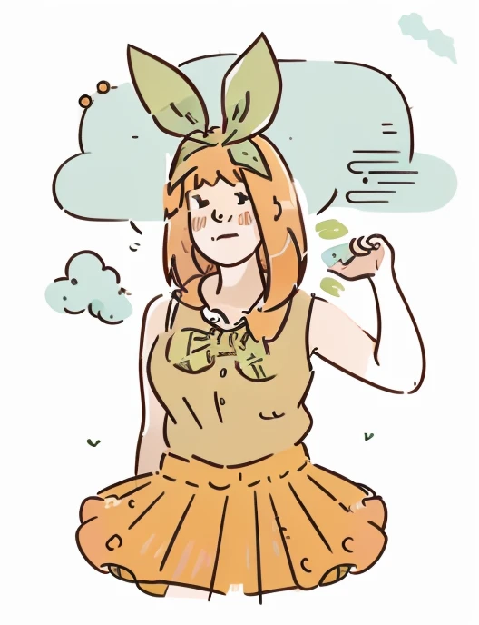 Illustration of a orange haired woman blowing in the wind, orange flowing hair, 2D illustration, 2 d illustration, lofi portrait, Floating. green ribbon, serene illustration, wikihow illustration, lofi-girl, Hair is floating in the wind, blurry and dreamy illustration, lo-fimasterpiece, best quality, illustration, minimal design for a t-shirt, yotsuba nakano in a dynamic pose, orange bob hair, orange shoulder length hair, green ribbon, anime minimal design, flat shapes, green hair bow ribbon, green bowtie, yellow sleeveless sweater, collared white shirt, green pleated skirt, school uniform, Good shapes, perfect lines, perfect lineart, professional, good