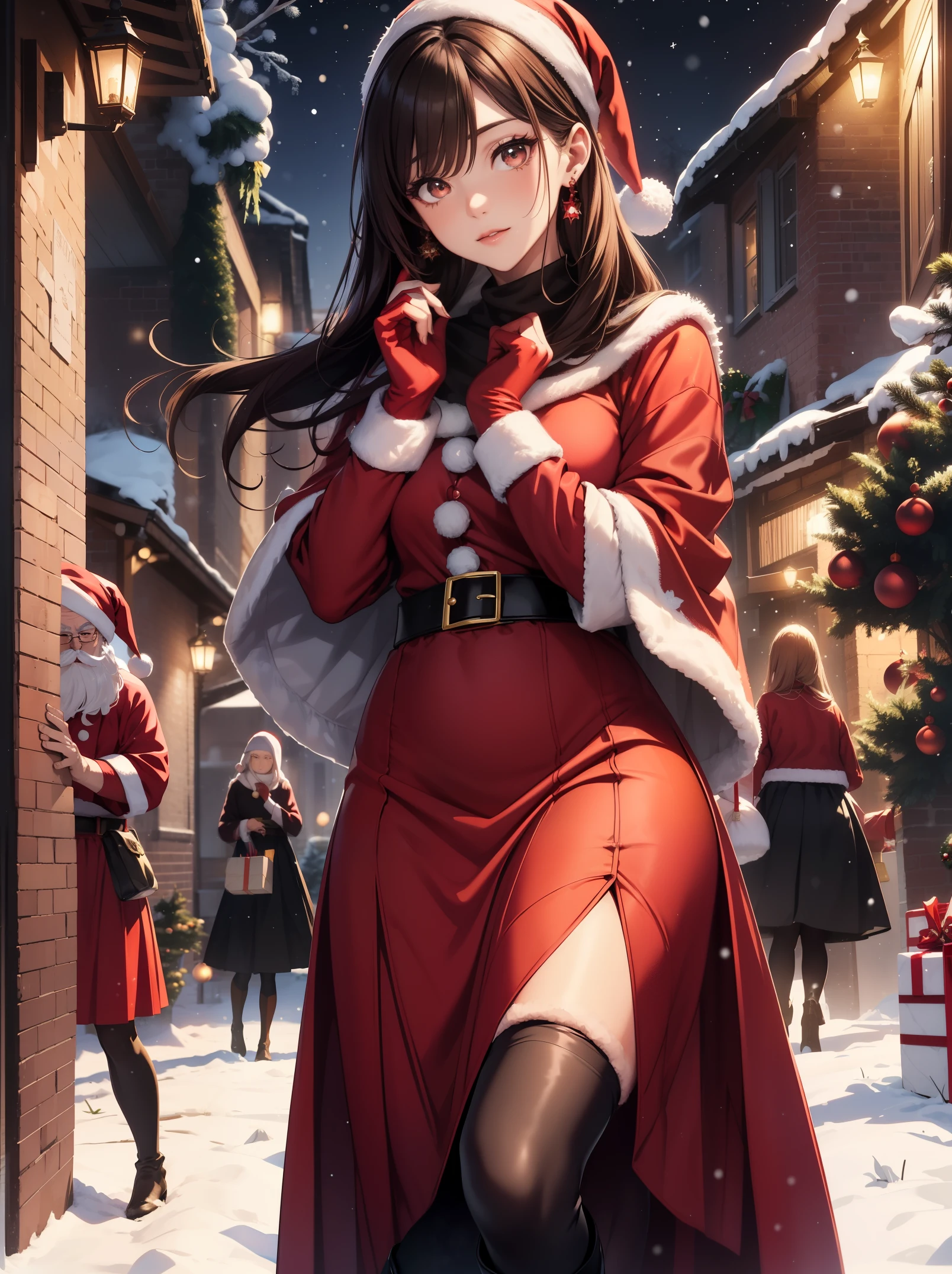 Best Quality, masutepiece, beautiful mature women、Beautiful face、Strong-minded woman、Officelady、(Santa Claus attire、Long skirt in red、Black tights、Black boots、Winter Outfit:1.5)、(brown haired、Bangs are asymmetrical、Undersized eyes、Brown-eyed)、Longhaire、(((Christmas:1.2)))、BREAK(poseing)