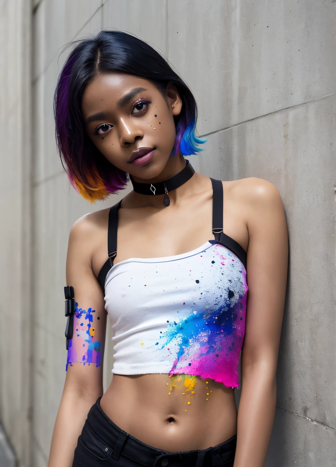 dark skinned, masterpiece, best quality, 1girl, solo, choker, paint splatter, arms behind back, against wall, looking at viewer, armband, thigh strap, paint on body, head tilt, multicolored hair