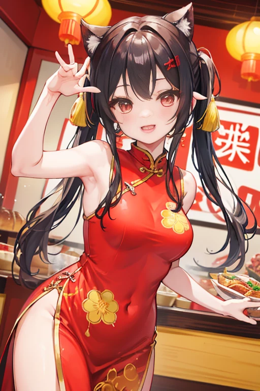 4K,hight resolution, Inside a bustling Chinese restaurant, a lively girl in a red cheongsam and yellow twin-tails serves various Chinese dishes, her energetic demeanor and bright smile adding to the vibrant atmosphere.